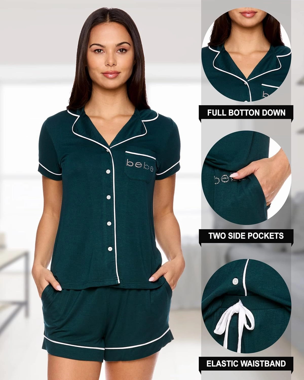 bebe Short Sleeve Button Up Pajama Set for Women, PJ Set for Women, Cute Pajama Shorts Lounge Set