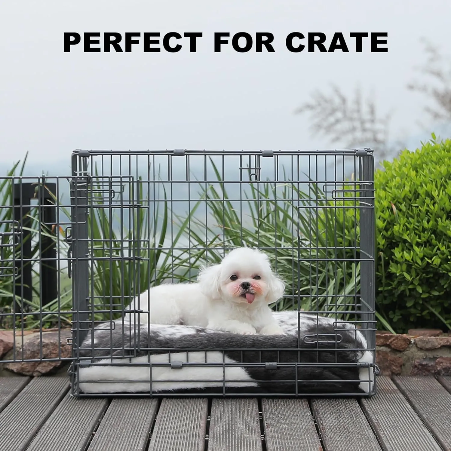 Bedfolks Plush Waterproof Dog Crate Bed, Removable Washable Cover, Faux Fur Pad for Small Dogs & Cats, 17"x12", Black-White Cowhide