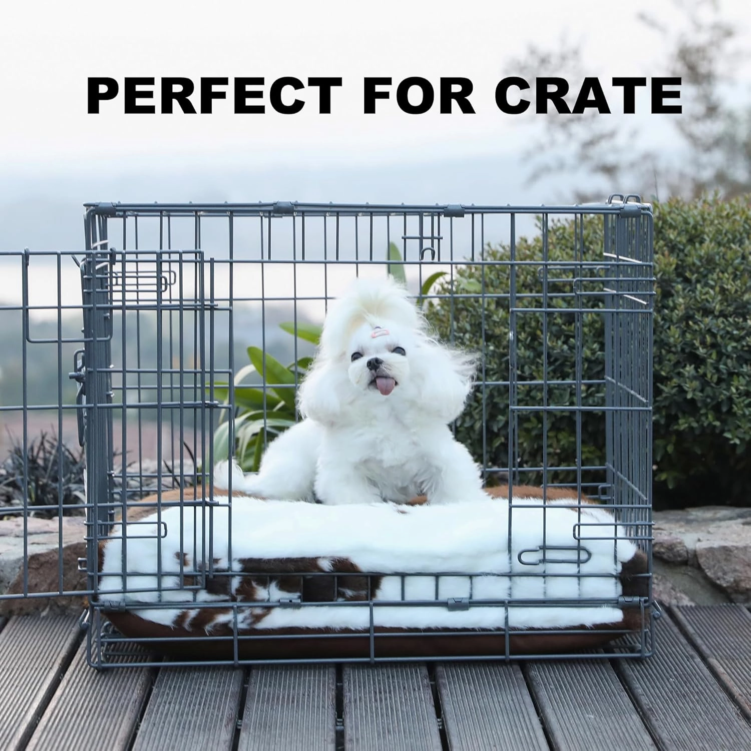 Bedfolks Waterproof Crate Bed, Plush Dog & Cat Bed with Removable Washable Cover, Faux Fur Kennel Pad, 17"x12", Cow Print