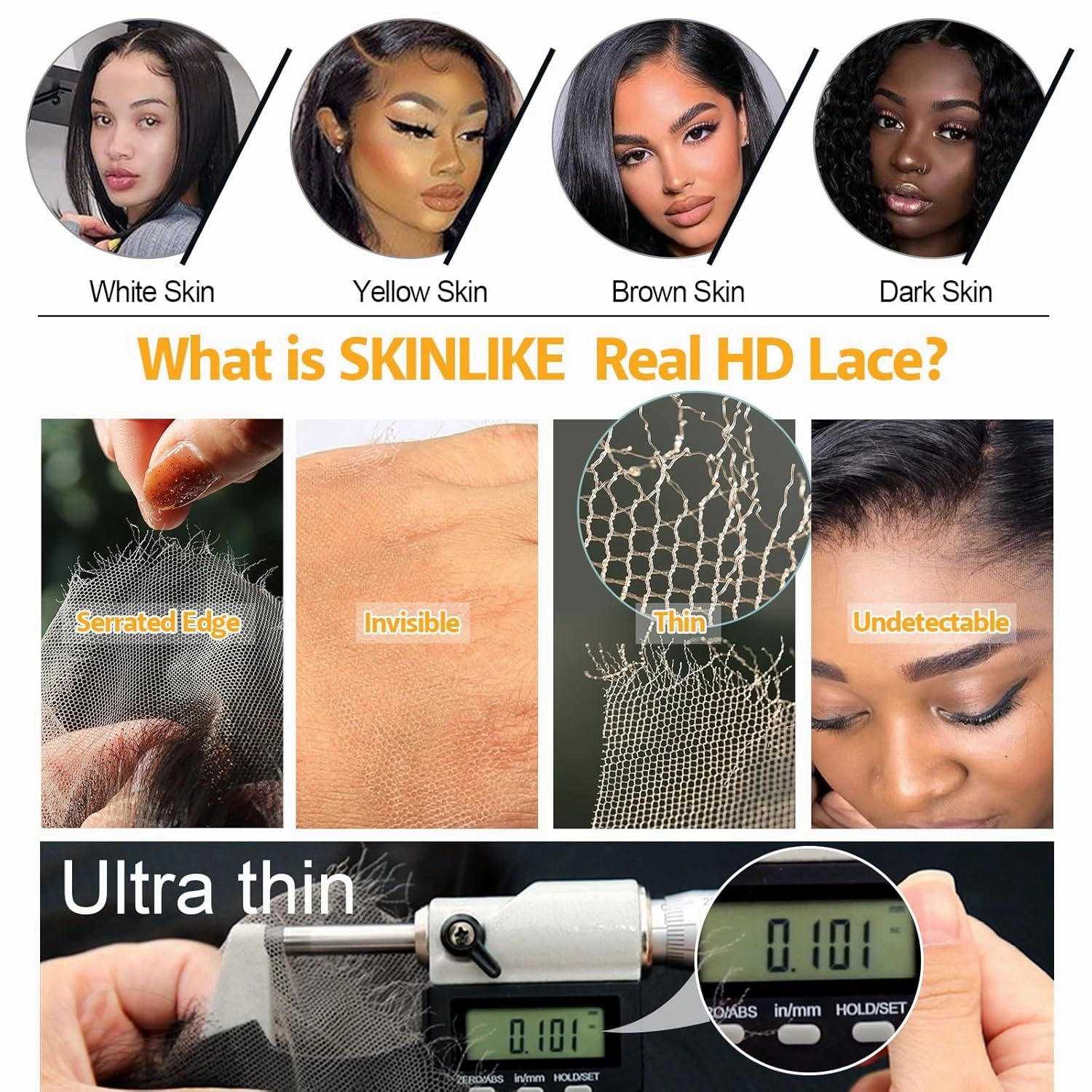 BEEOS 13x4 Full Frontal SKINLIKE Real HD Lace Wig,180% Density Pre-plucked Human Hair Wig Bleached Knots 0.10mm Ultra-thin Invisible HD Lace Wig 18 Inch