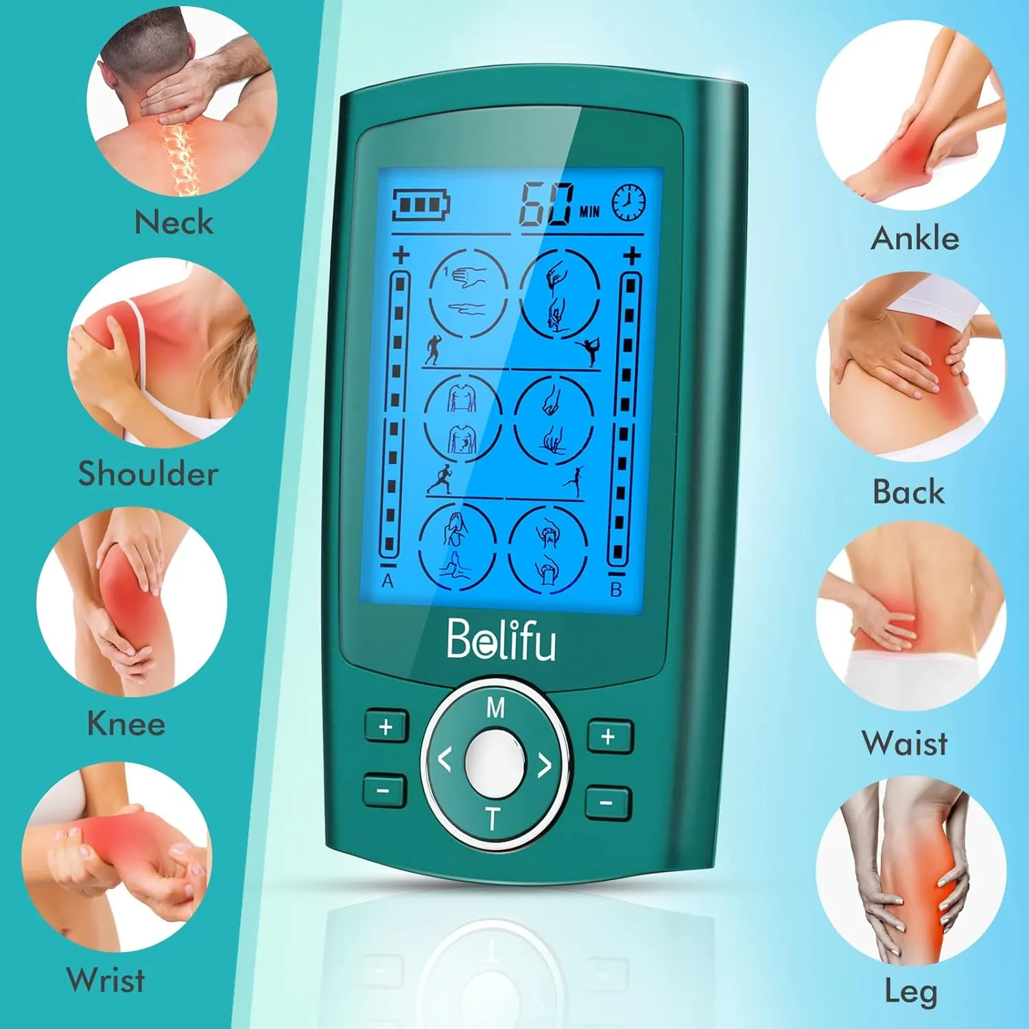 Belifu Dual Channel TENS EMS Unit with 12 Pads, 24 Modes Muscle Stimulator, Electronic Pulse Massager Muscle Massager for Pain Relief Therapy, Fastening Cable Ties, Dust-Proof Drawstring Storage Bag