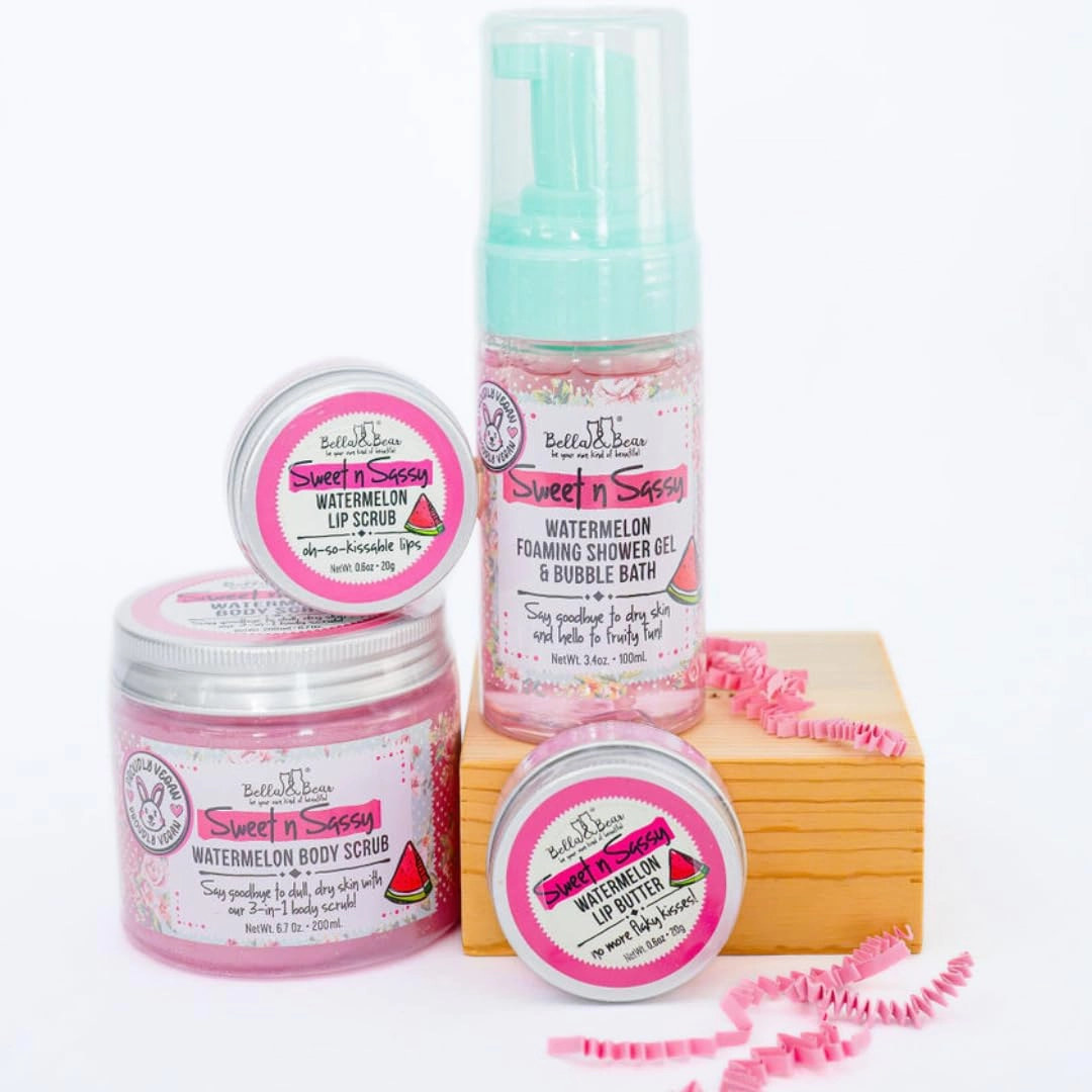 Bella & Bear Sweet 'n; Sassy MIdi Bath & Body Gift Set with Foaming Shower Gel & Bubble Bath, Body Scrub & Lip Scrub and Lip Butter. Great Gifts for Women Birthdays, Girlfriends, Bridesmaids