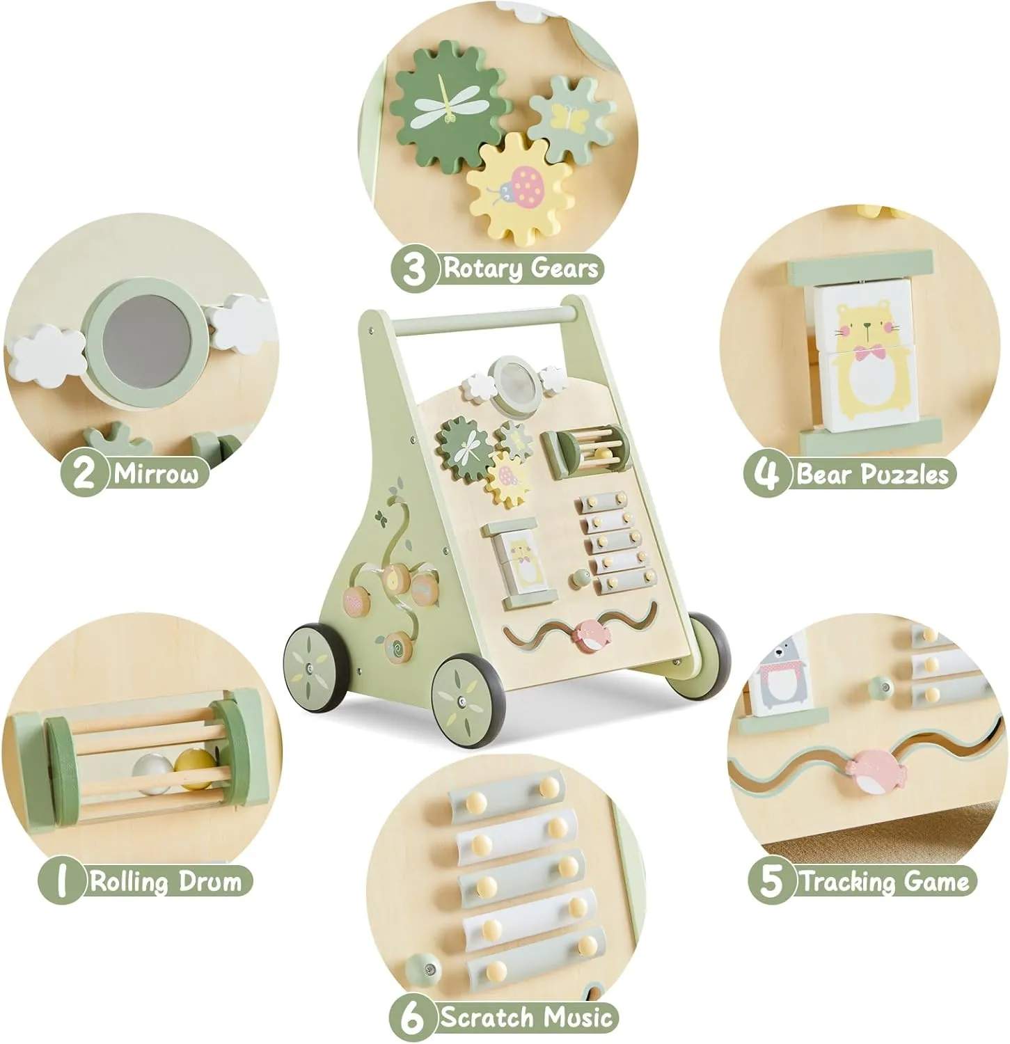 Beright Wooden Baby Walker Push and Pull Learning Activity Walker Kids’ Activity Toy Multiple Activities Center Develops Motor Skills & Stimulates Creativity(Green)