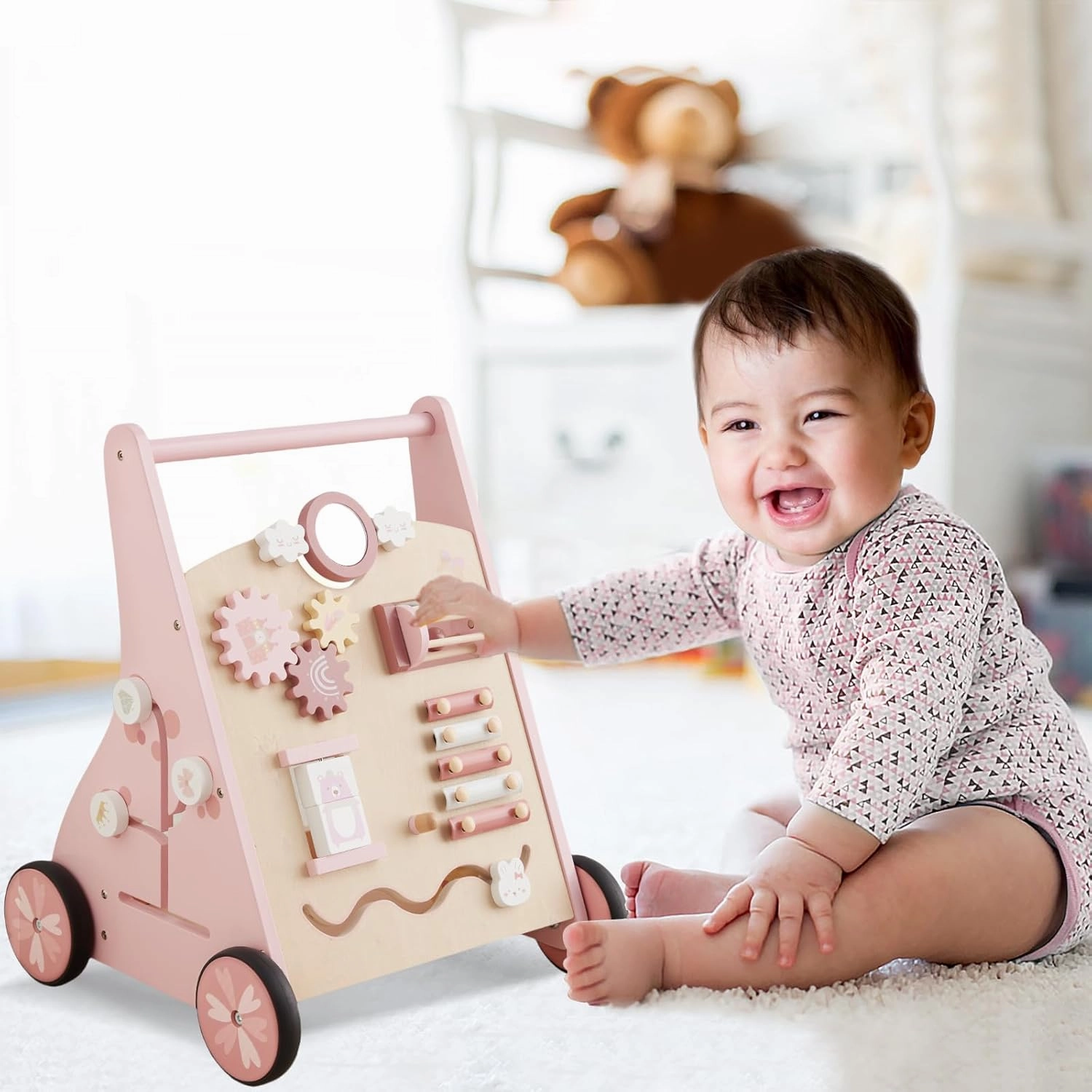 Beright Wooden Baby Walker Push and Pull Learning Activity Walker Kids’ Activity Toy Multiple Activities Center Develops Motor Skills & Stimulates Creativity(Pink)