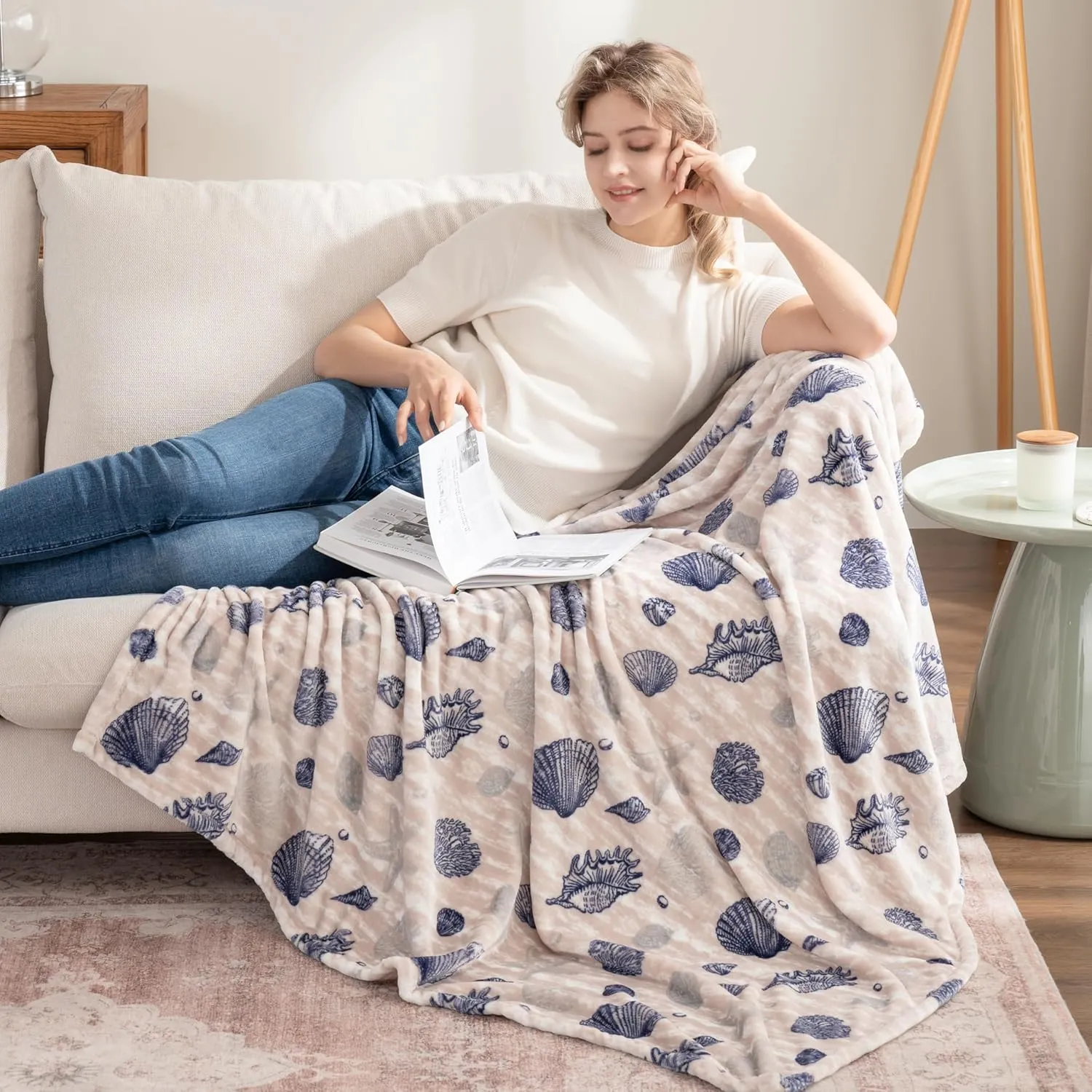 Berkshire Blanket-Classic Heavyweight Soft Printed VelvetLoft® Plush Throw Blanket, Cozy and Fuzzy, Classic Shells Navy, 50in x 70in