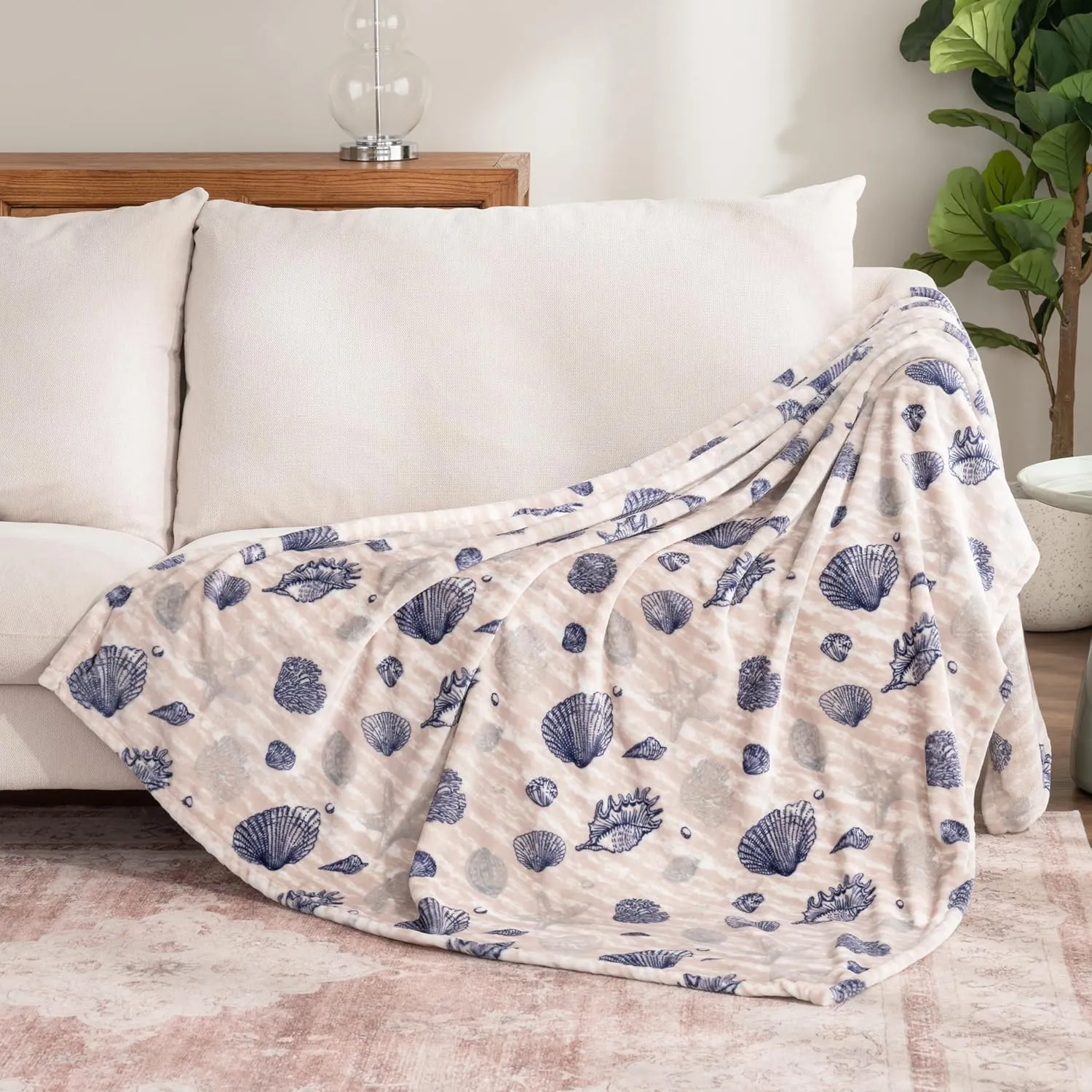 Berkshire Blanket-Classic Heavyweight Soft Printed VelvetLoft® Plush Throw Blanket, Cozy and Fuzzy, Classic Shells Navy, 50in x 70in
