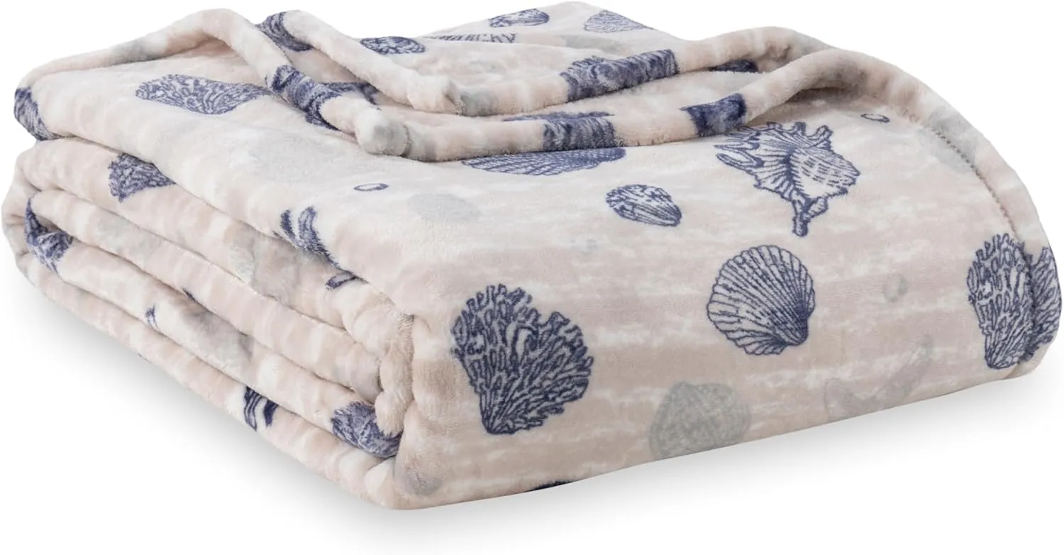 Berkshire Blanket-Classic Heavyweight Soft Printed VelvetLoft® Plush Throw Blanket, Cozy and Fuzzy, Classic Shells Navy, 50in x 70in