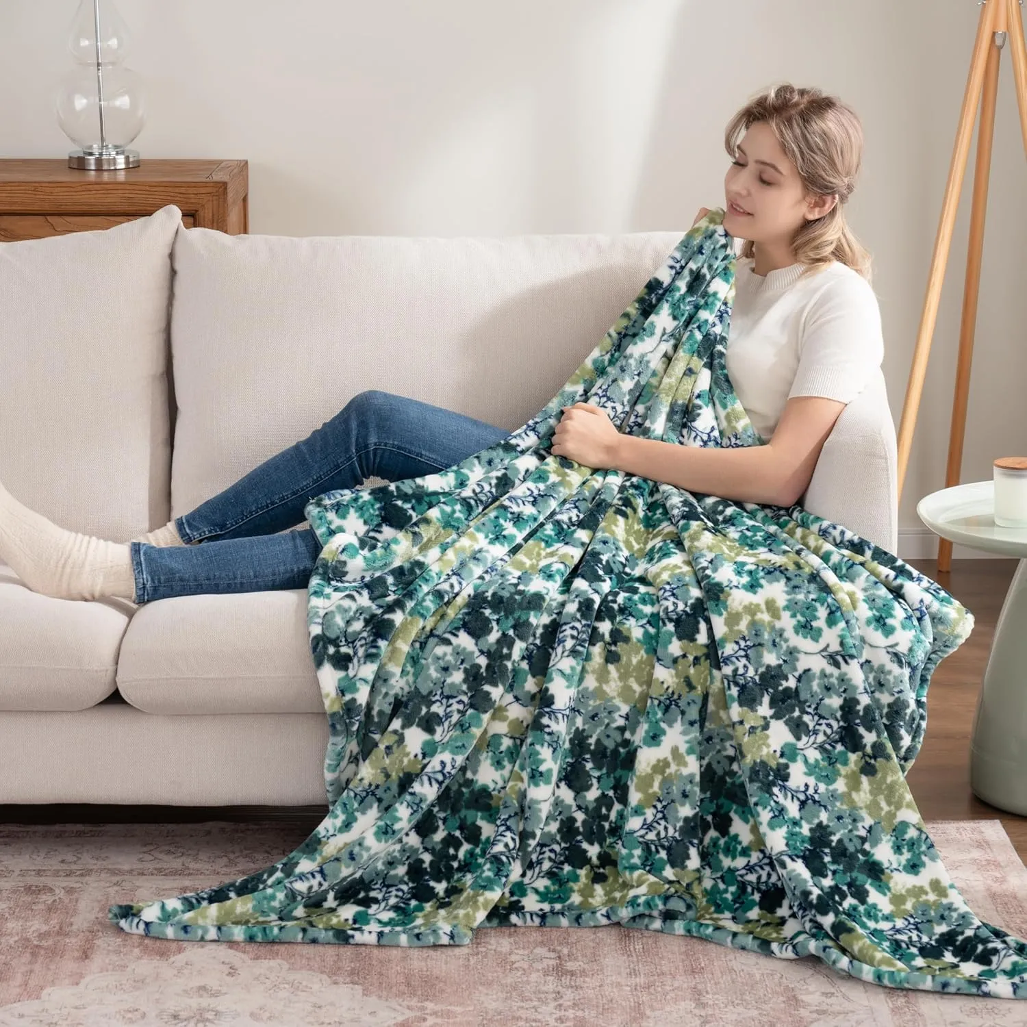 Berkshire Blanket-Classic Heavyweight Soft Printed VelvetLoft® Plush Throw Blanket, Cozy and Fuzzy, Floral Green, 50in x 70in