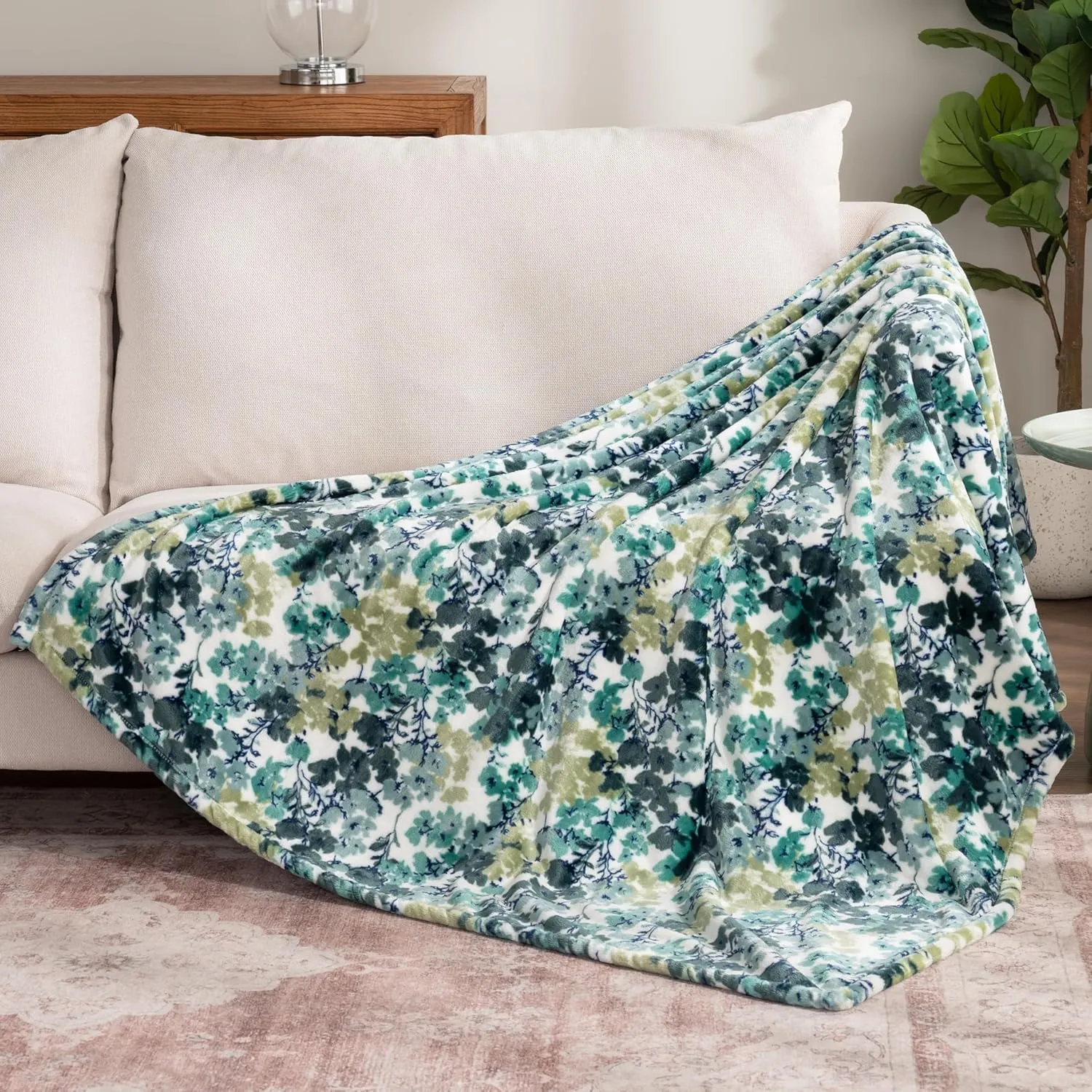 Berkshire Blanket-Classic Heavyweight Soft Printed VelvetLoft® Plush Throw Blanket, Cozy and Fuzzy, Floral Green, 50in x 70in