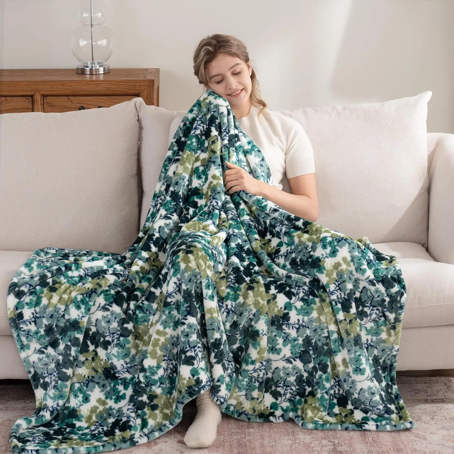 Berkshire Blanket-Classic Heavyweight Soft Printed VelvetLoft® Plush Throw Blanket, Cozy and Fuzzy, Floral Green, 50in x 70in