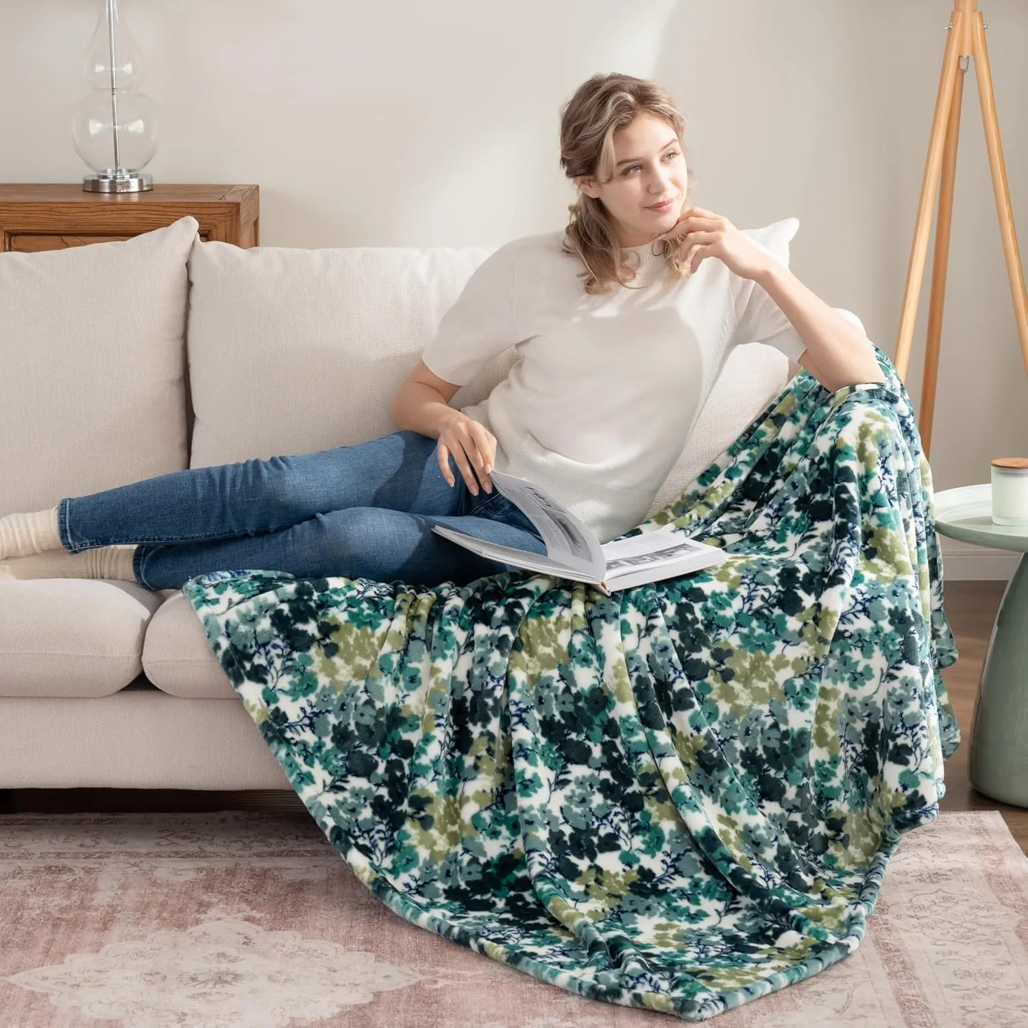 Berkshire Blanket-Classic Heavyweight Soft Printed VelvetLoft® Plush Throw Blanket, Cozy and Fuzzy, Floral Green, 50in x 70in
