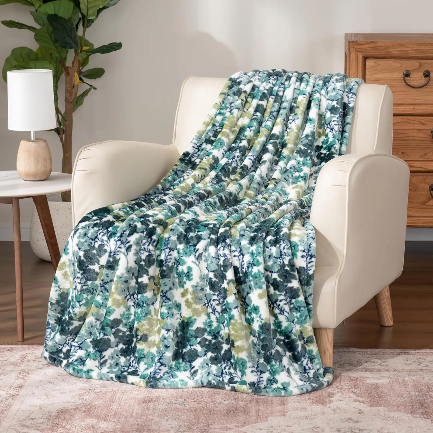 Berkshire Blanket-Classic Heavyweight Soft Printed VelvetLoft® Plush Throw Blanket, Cozy and Fuzzy, Floral Green, 50in x 70in