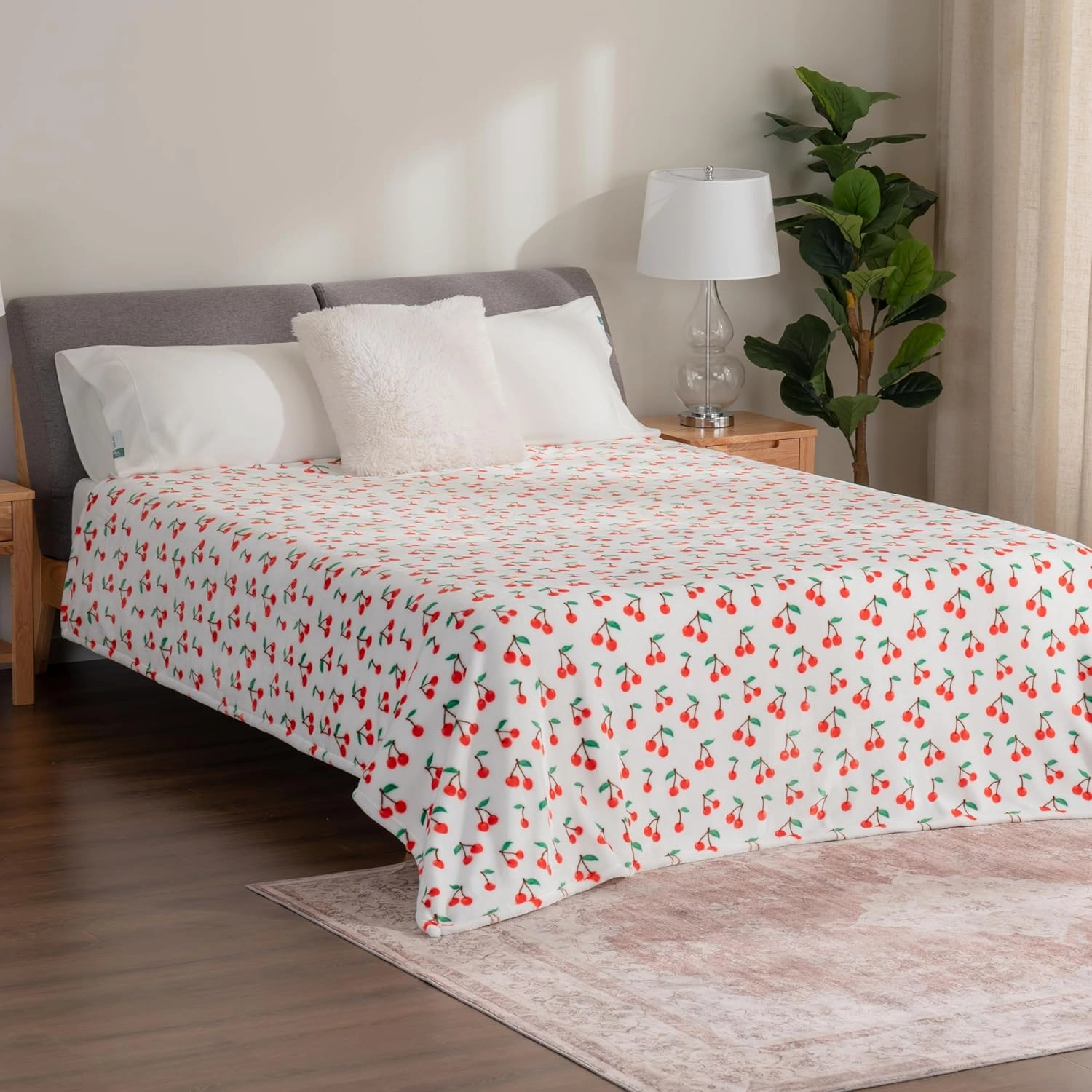 Berkshire Blanket-Classic Heavyweight Soft Printed VelvetLoft® Plush Blanket, Full/Queen Size Soft Fuzzy Warm Blanket for Couch Sofa Bed, Cherries Toss White, 90in x 90in