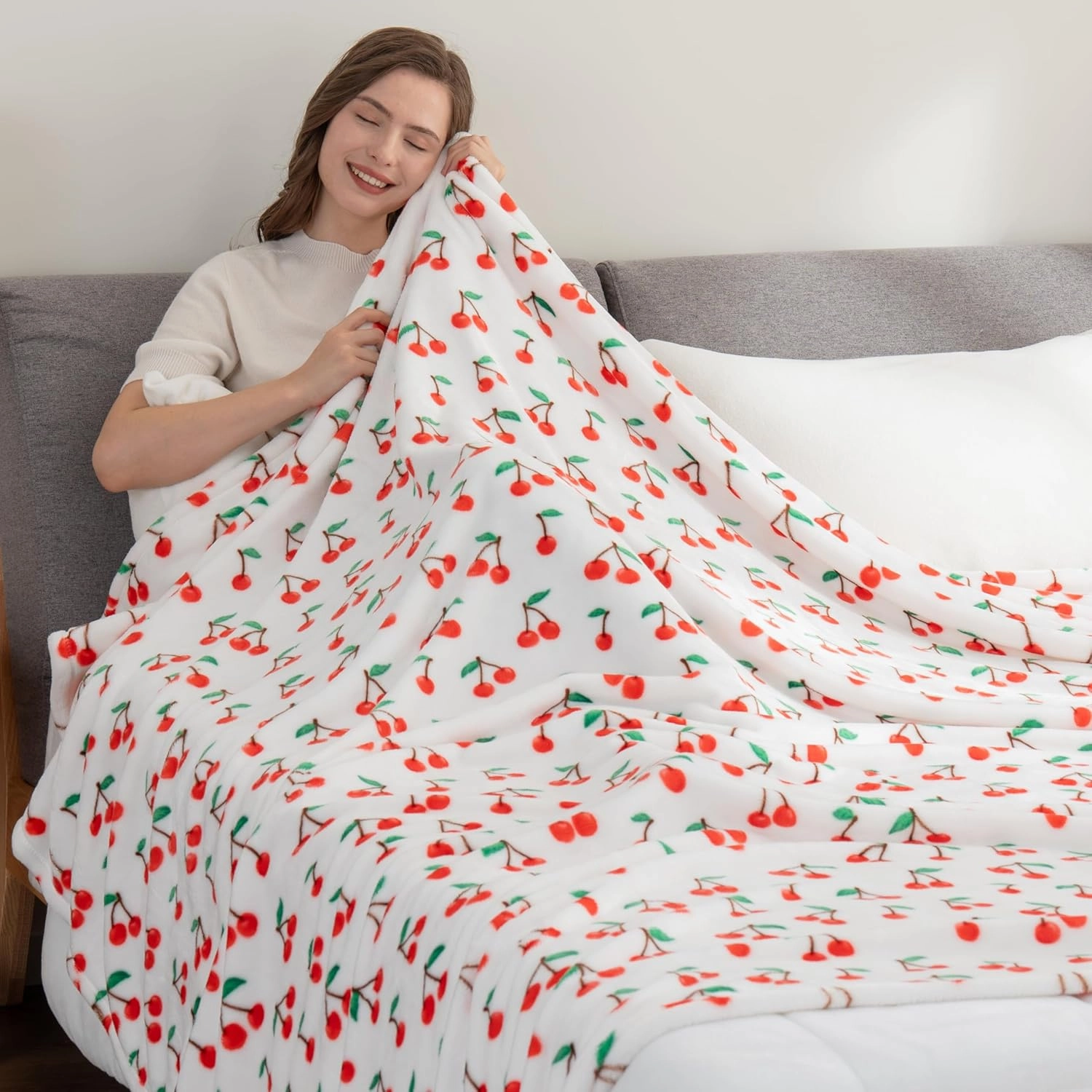 Berkshire Blanket-Classic Heavyweight Soft Printed VelvetLoft® Plush Blanket, Full/Queen Size Soft Fuzzy Warm Blanket for Couch Sofa Bed, Cherries Toss White, 90in x 90in