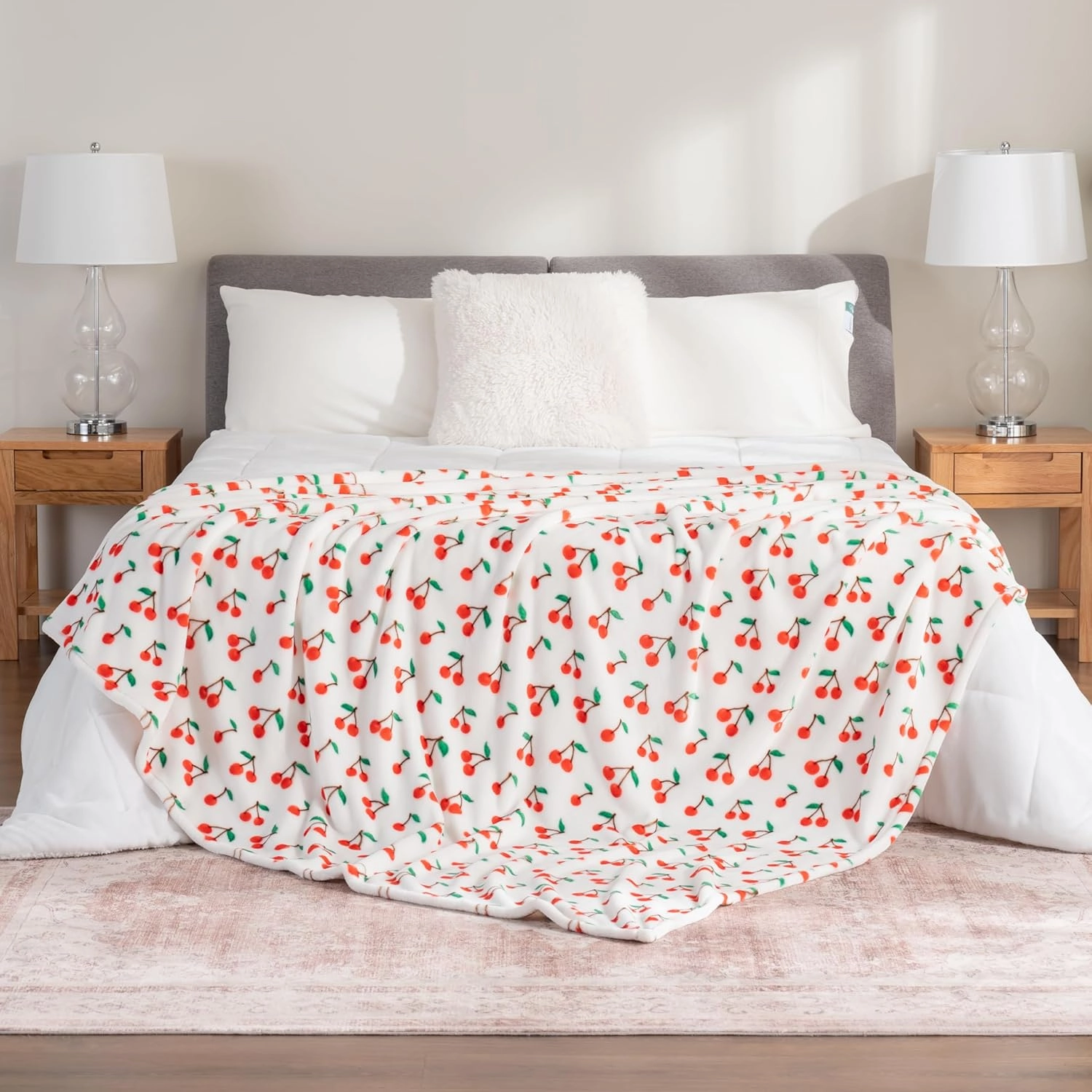Berkshire Blanket-Classic Heavyweight Soft Printed VelvetLoft® Plush Blanket, Full/Queen Size Soft Fuzzy Warm Blanket for Couch Sofa Bed, Cherries Toss White, 90in x 90in