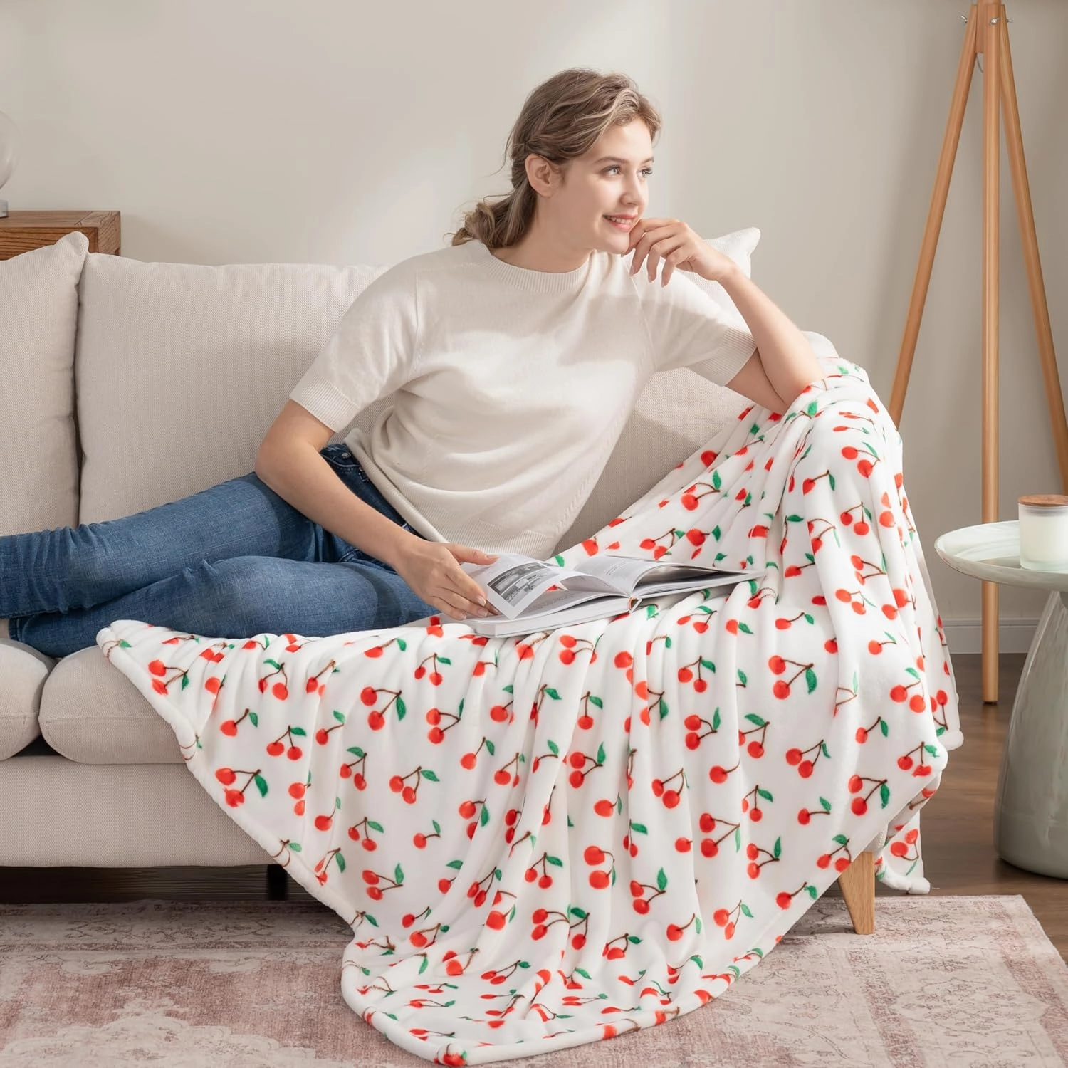 Berkshire Blanket-Classic Heavyweight Soft Printed VelvetLoft® Plush Throw Blanket, Cozy and Fuzzy, Cherries Toss White, 50in x 70in