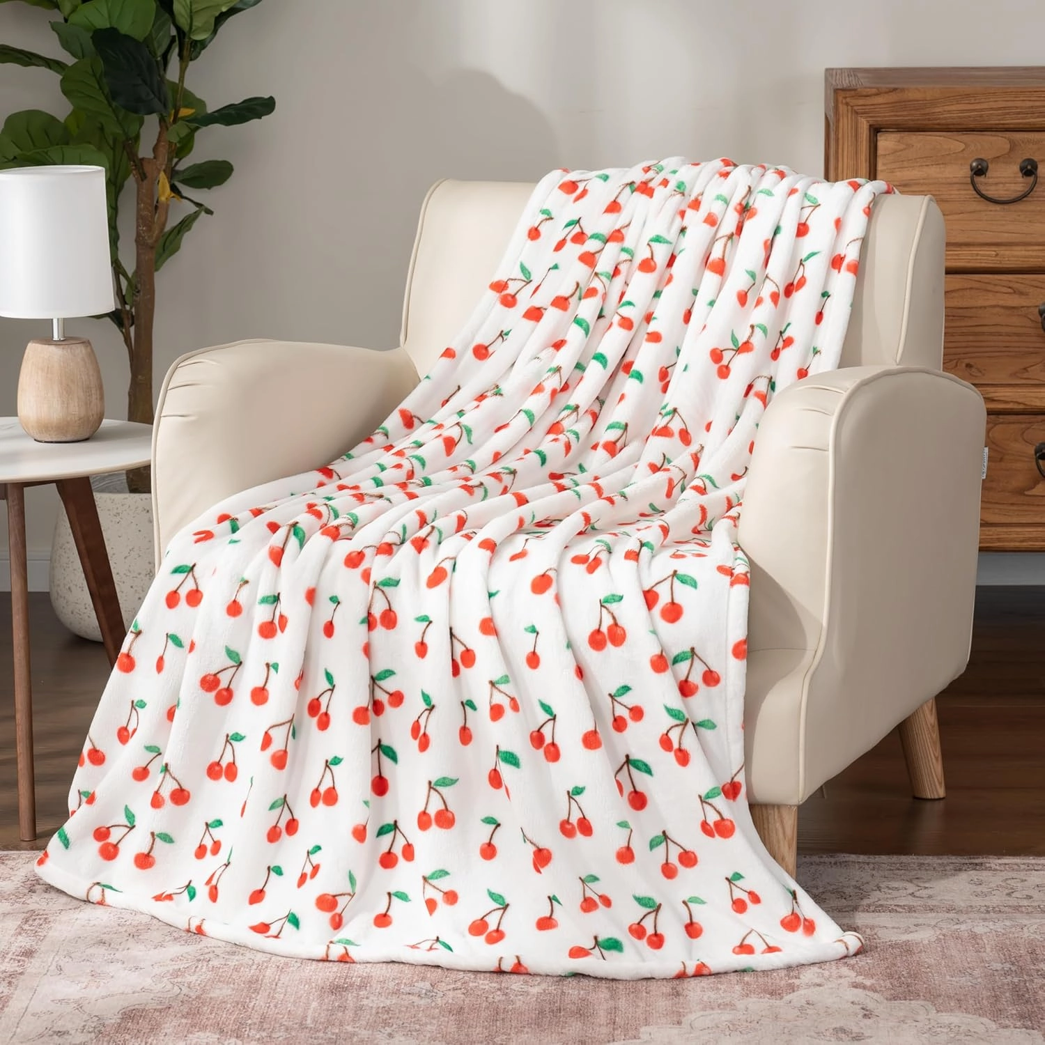 Berkshire Blanket-Classic Heavyweight Soft Printed VelvetLoft® Plush Throw Blanket, Cozy and Fuzzy, Cherries Toss White, 50in x 70in