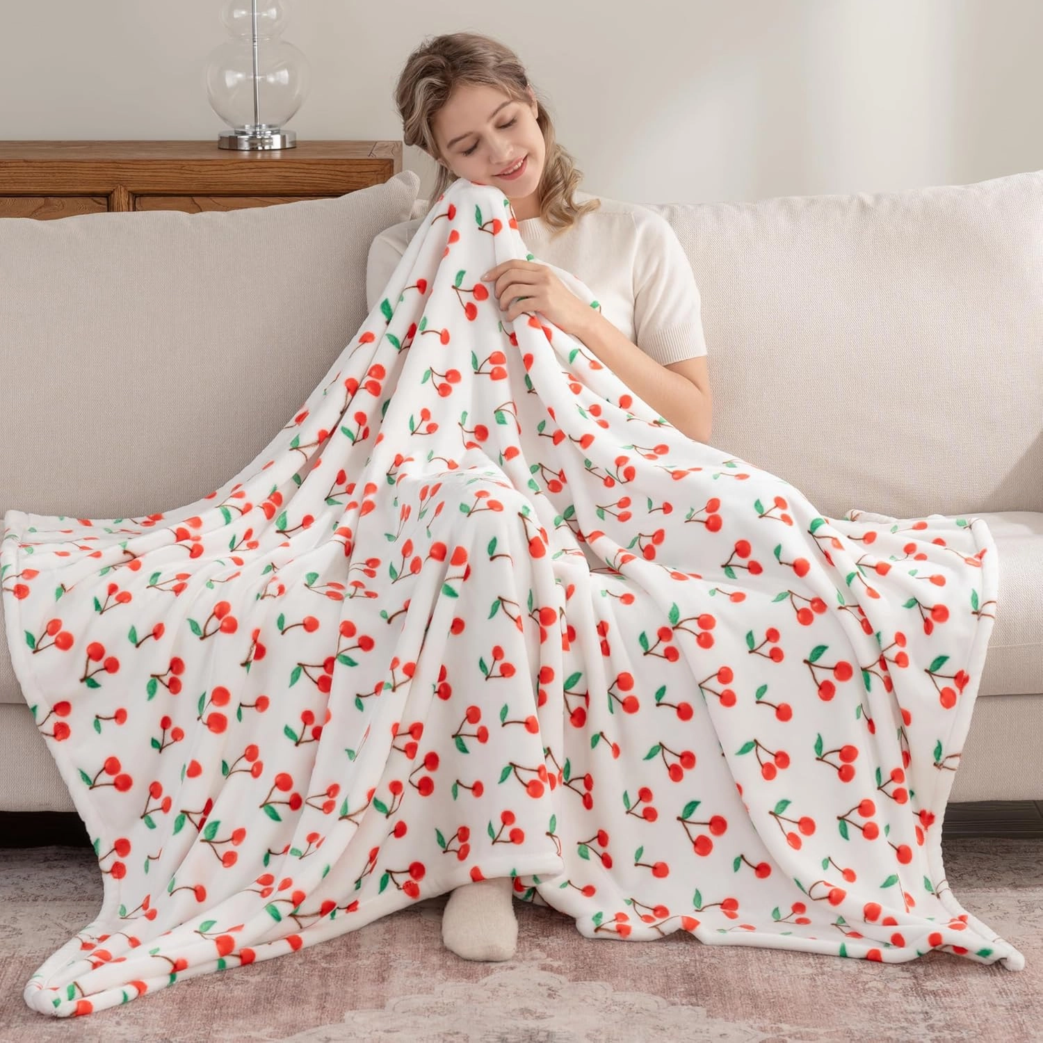 Berkshire Blanket-Classic Heavyweight Soft Printed VelvetLoft® Plush Throw Blanket, Cozy and Fuzzy, Cherries Toss White, 50in x 70in