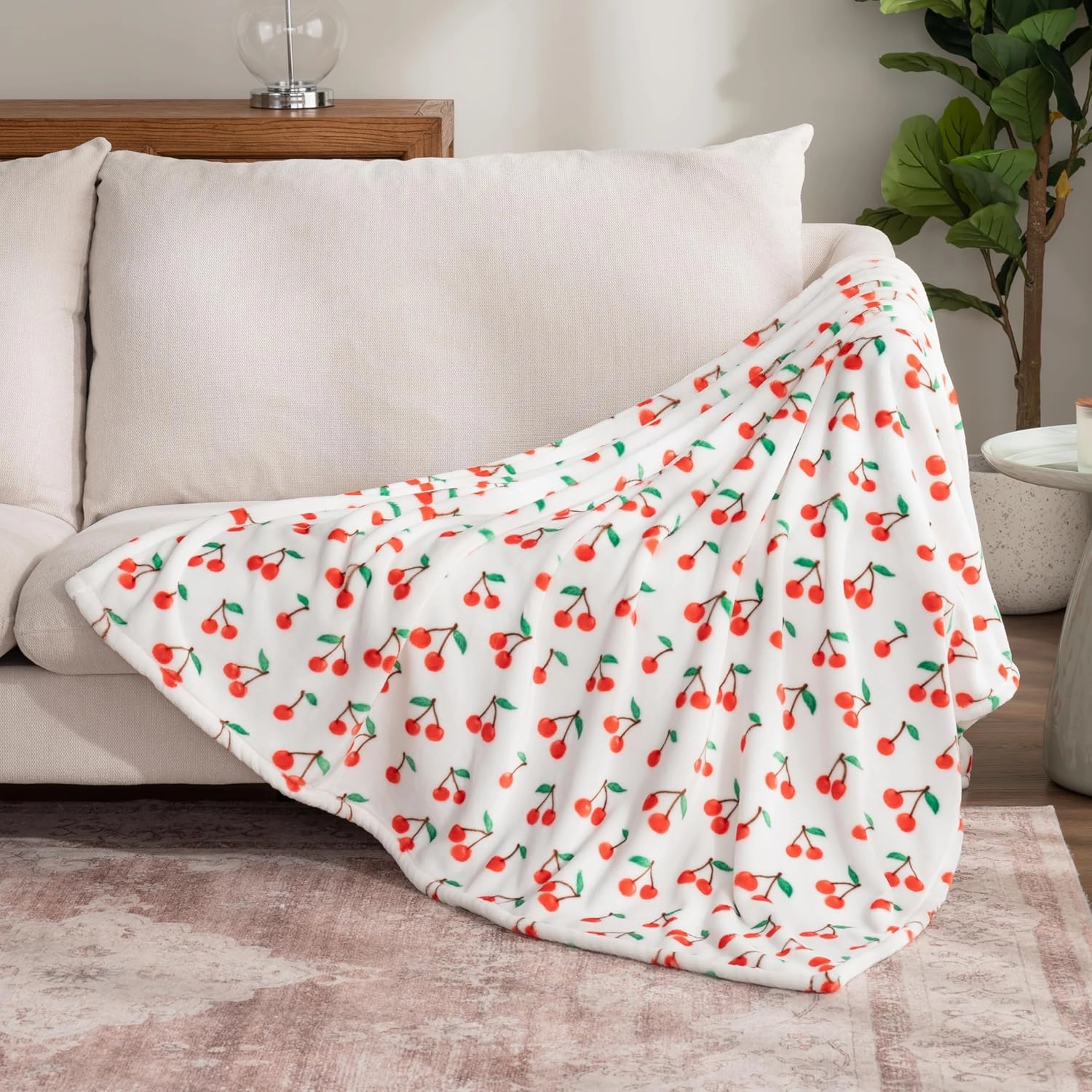 Berkshire Blanket-Classic Heavyweight Soft Printed VelvetLoft® Plush Throw Blanket, Cozy and Fuzzy, Cherries Toss White, 50in x 70in