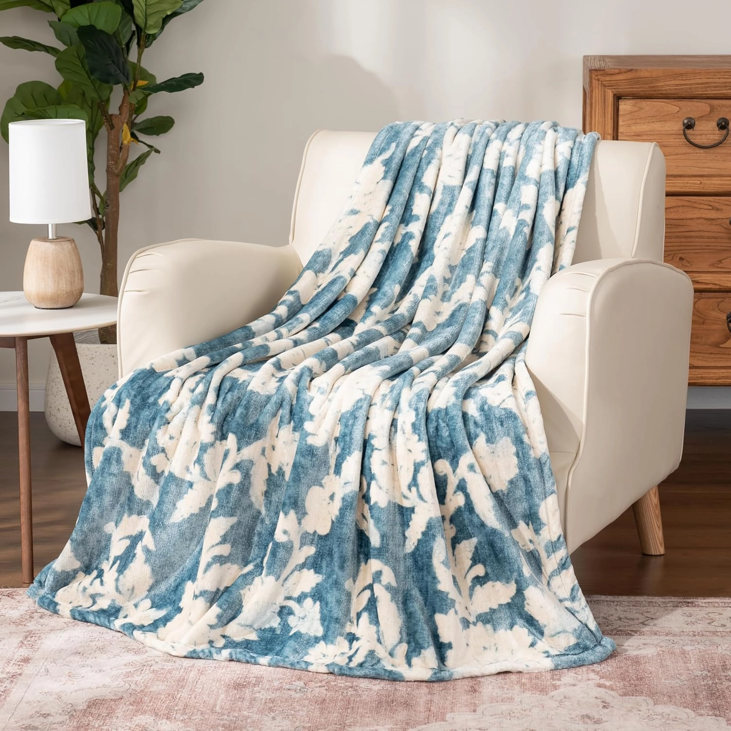 Berkshire Blanket-Classic Heavyweight Soft Printed VelvetLoft® Plush Throw Blanket, Cozy and Fuzzy, Floral Blue, 50in x 70in