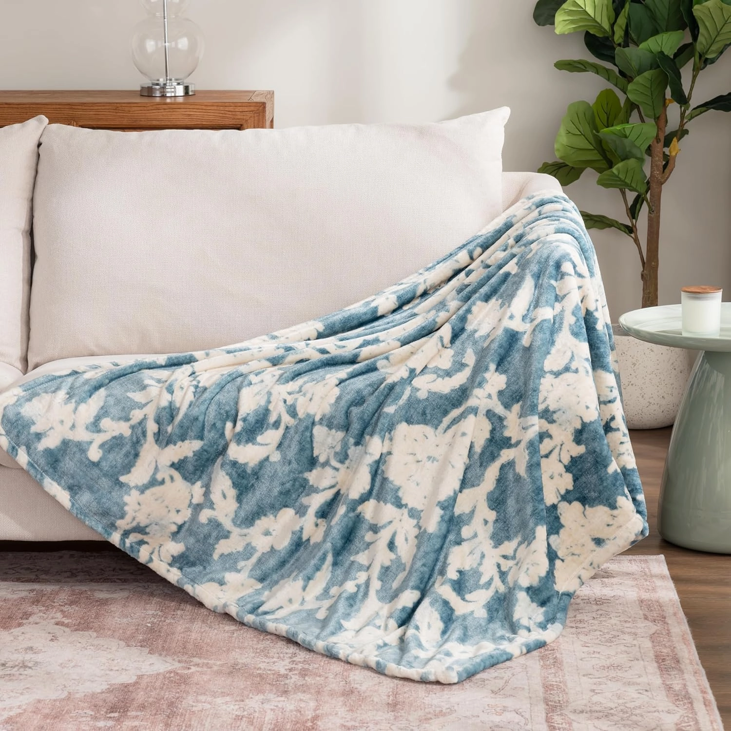 Berkshire Blanket-Classic Heavyweight Soft Printed VelvetLoft® Plush Throw Blanket, Cozy and Fuzzy, Floral Blue, 50in x 70in
