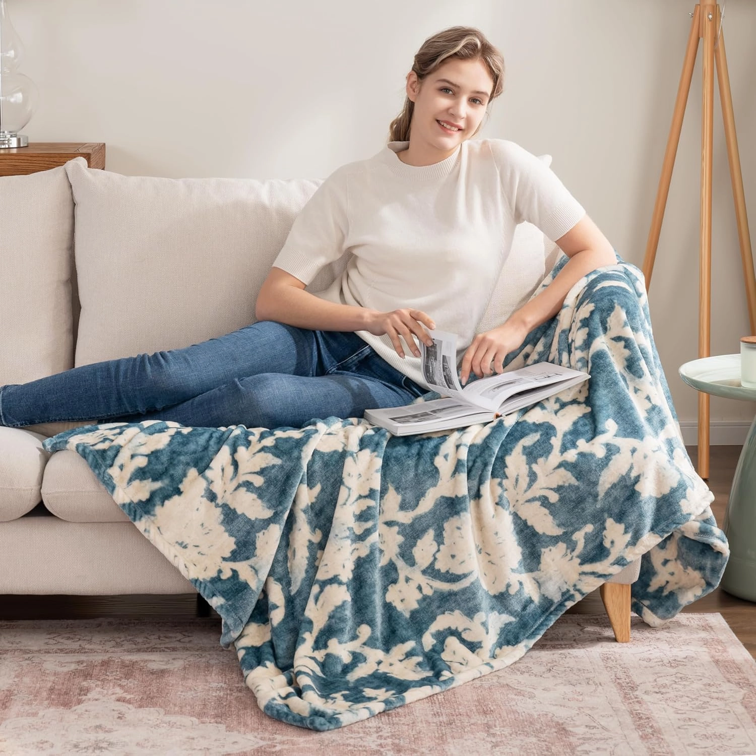 Berkshire Blanket-Classic Heavyweight Soft Printed VelvetLoft® Plush Throw Blanket, Cozy and Fuzzy, Floral Blue, 50in x 70in
