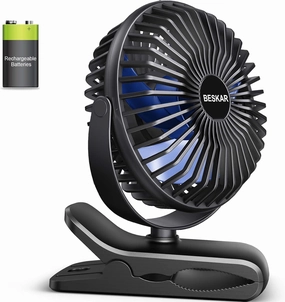 BESKAR Portable Clip on Fan Rechargeable, 4 Speeds Small Battery Operated Fan, USB Desk Fan with Strong Airflow, Sturdy Clamp for Golf Cart Office Outdoor Travel Camping