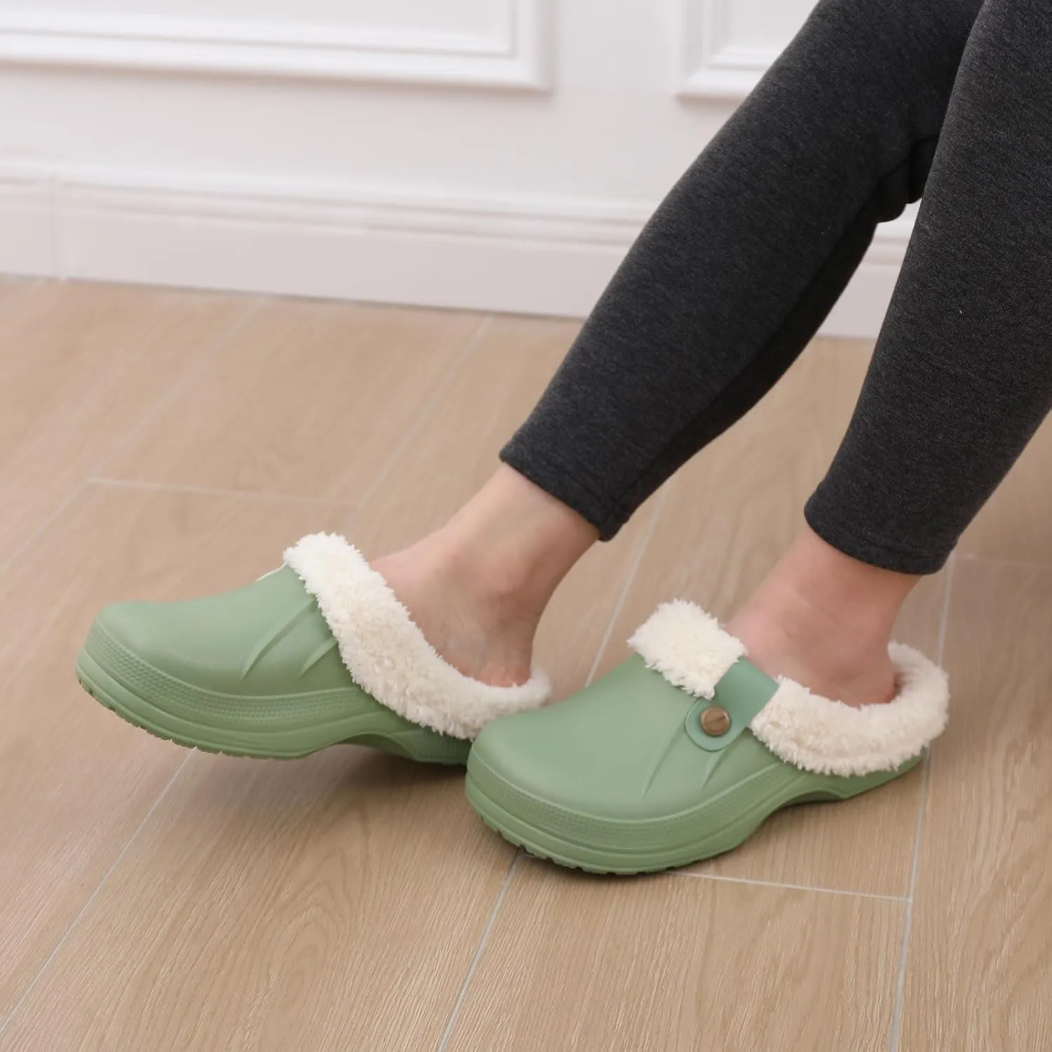 Beslip Classic Fur Lined Clogs Waterproof Winter Fuzzy Slippers for Women Men Indoor and Outdoor