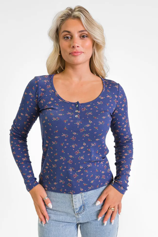 Best In Bloom Navy Ribbed Floral Henley Top  FINAL SALE