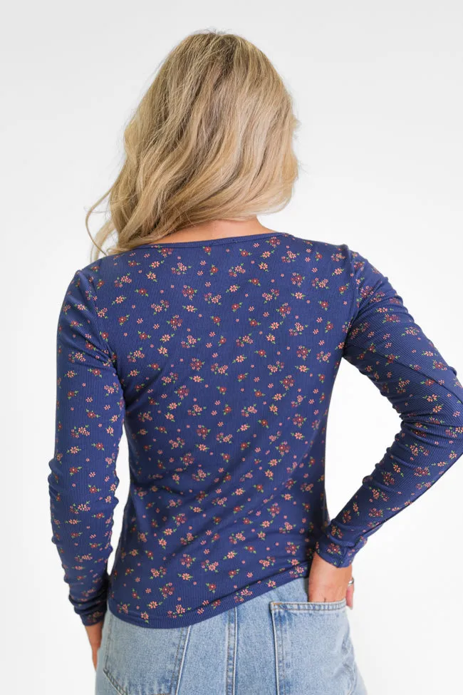 Best In Bloom Navy Ribbed Floral Henley Top  FINAL SALE