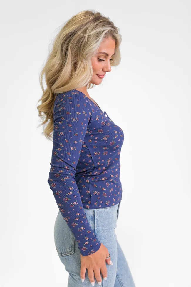 Best In Bloom Navy Ribbed Floral Henley Top  FINAL SALE