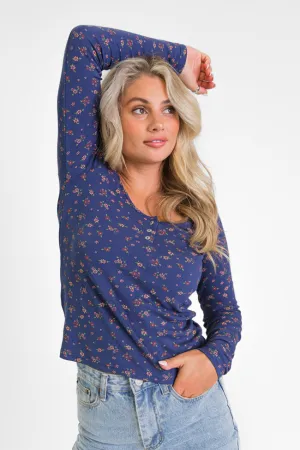 Best In Bloom Navy Ribbed Floral Henley Top  FINAL SALE