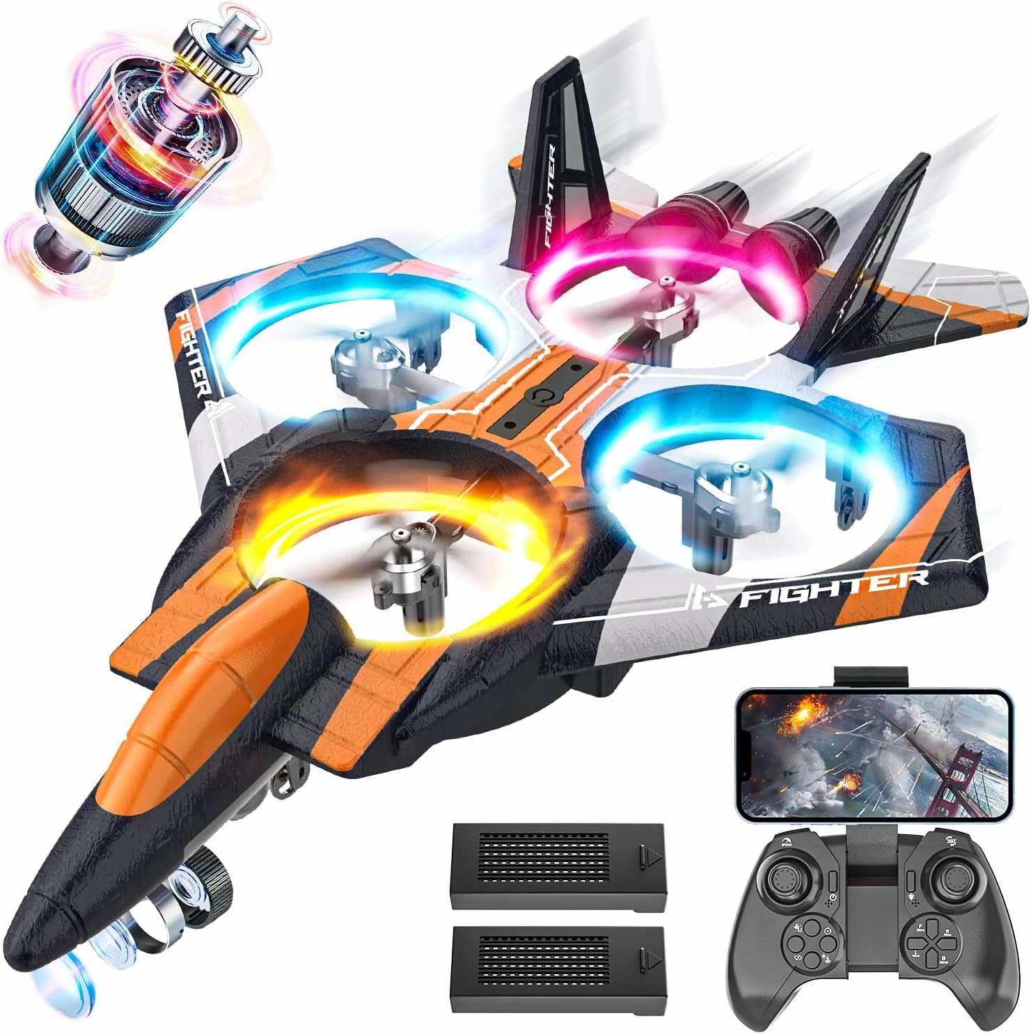 BEZGAR RC Plane for Kids | 2.4GHZ Brushless Drones with Camera, 6-axis Gyro Remote Control Airplane, 360° Flip Fighter Jet Toy, Toys for Ages 8-13 with Colorful LED Navigation Lights Orange