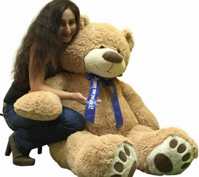 Big Plush Custom Personalized Giant Teddy Bear 5 Feet Tall - Your Name or Message Imprinted on Bear's Blue Color Neck Ribbon Bow - Tan Color with Bigfoot Paws Giant Stuffed Animal Bear