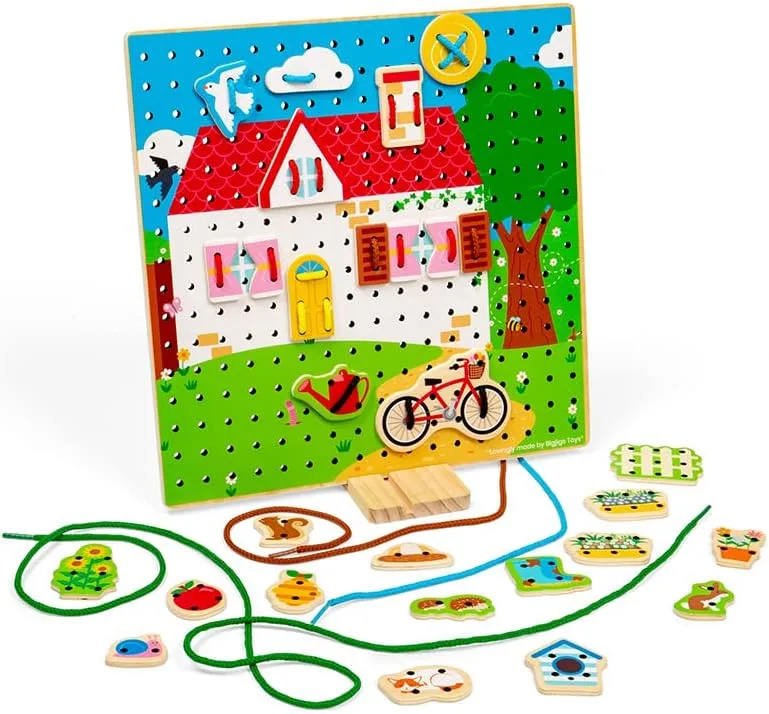 Bigjigs Toys House Lace-a-Shape Game - 30 Geometric Shape Lacing Cards & 6 Laces, Fine Motor Skills Toys, Threading Toys for 2  Year Olds, Ideal Early Learning & Threading Toddler Toy