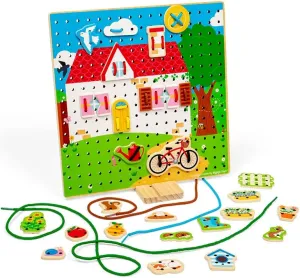 Bigjigs Toys House Lace-a-Shape Game - 30 Geometric Shape Lacing Cards & 6 Laces, Fine Motor Skills Toys, Threading Toys for 2  Year Olds, Ideal Early Learning & Threading Toddler Toy