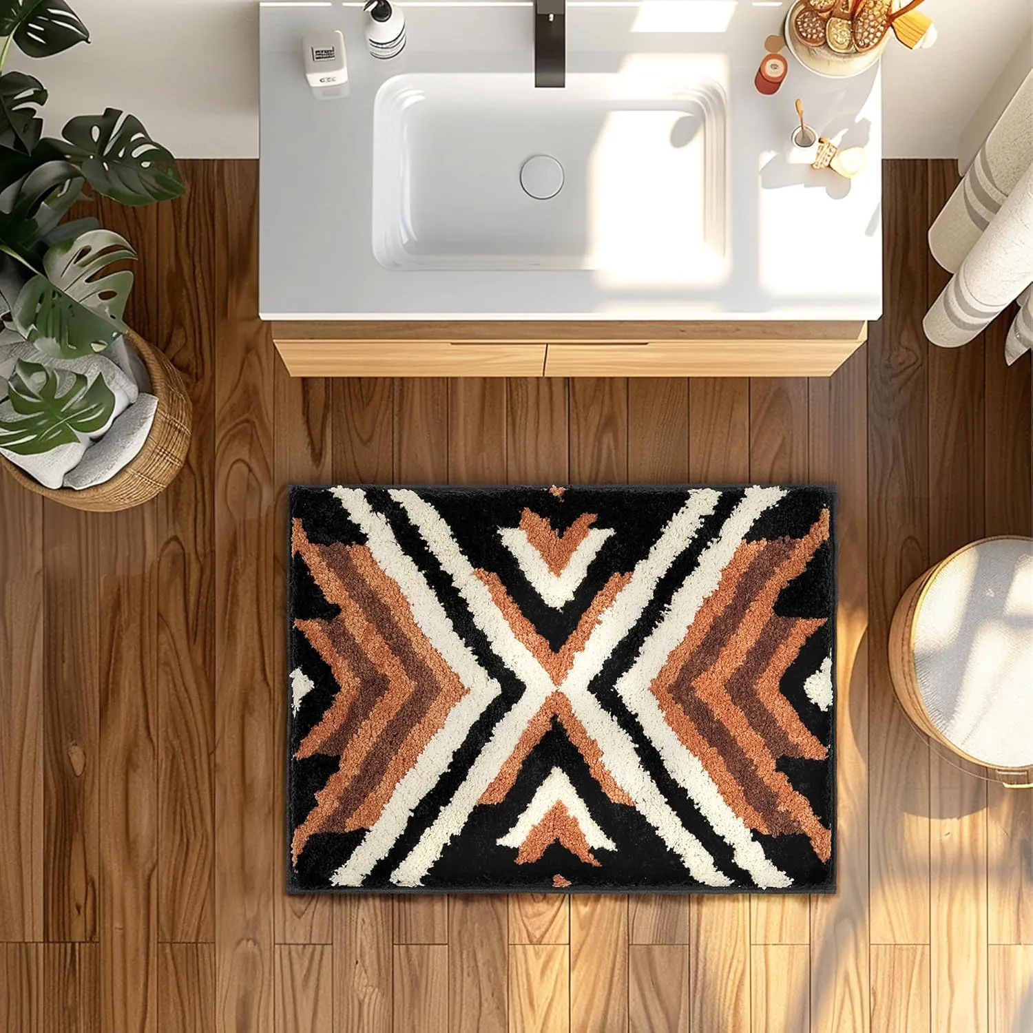 Black Boho Small Bathroom Rugs Non Slip Washable Western Aztec Bath Mats Rugs for Bathroom Floor Fluffy Plush Soft Absorbent Farmhouse Carpet for Shower, 24x36 inch, Brown