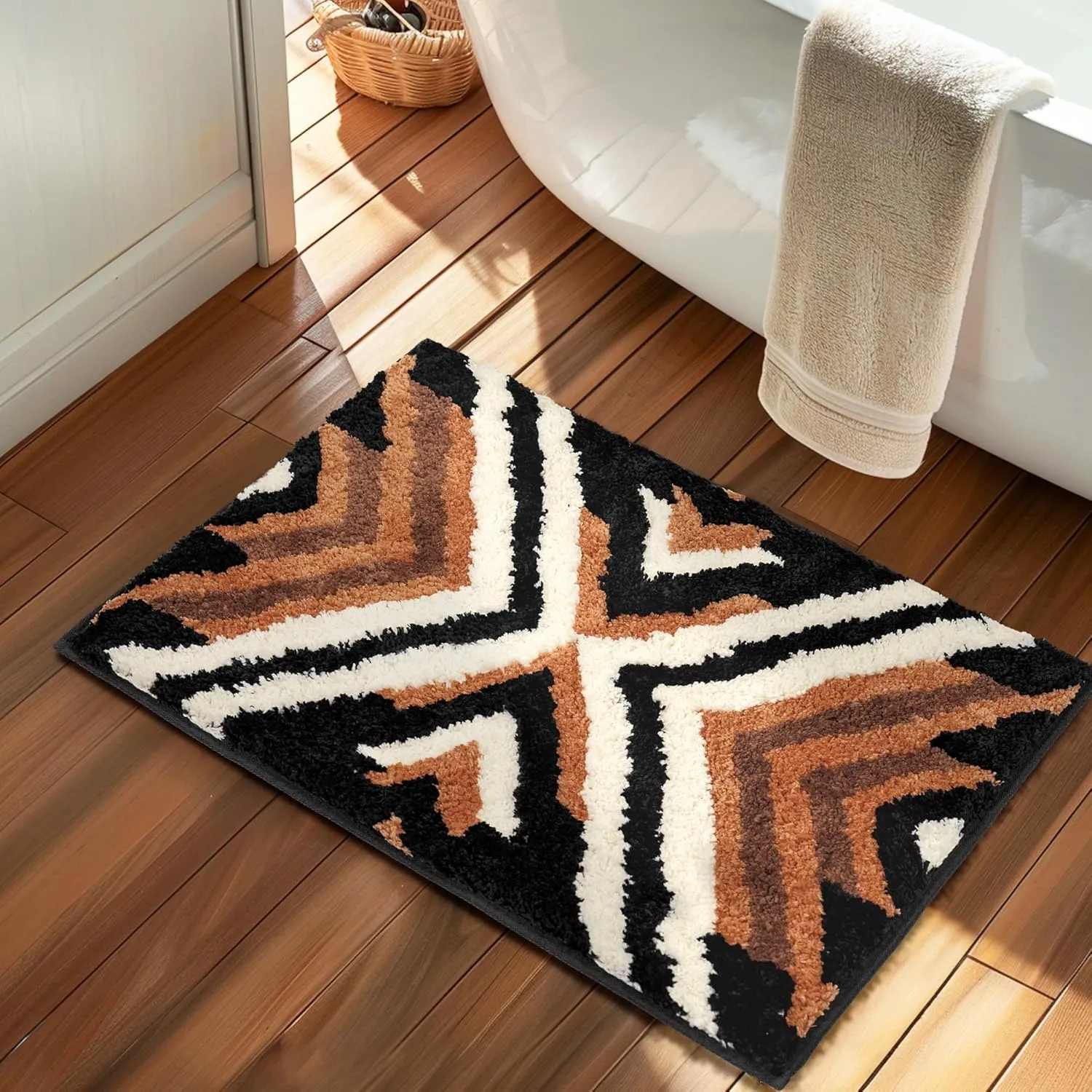 Black Boho Small Bathroom Rugs Non Slip Washable Western Aztec Bath Mats Rugs for Bathroom Floor Fluffy Plush Soft Absorbent Farmhouse Carpet for Shower, 24x36 inch, Brown