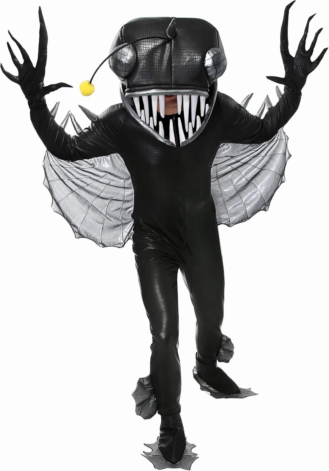 Black Angler Fish Costume For Adults, Black Seadevil Anglerfish Outfit With Hooded Jumpsuit, Attached Gloves, And Shoe Covers