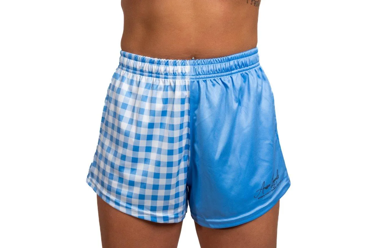 Blue & White Gingham Footy Shorts (With Pockets)