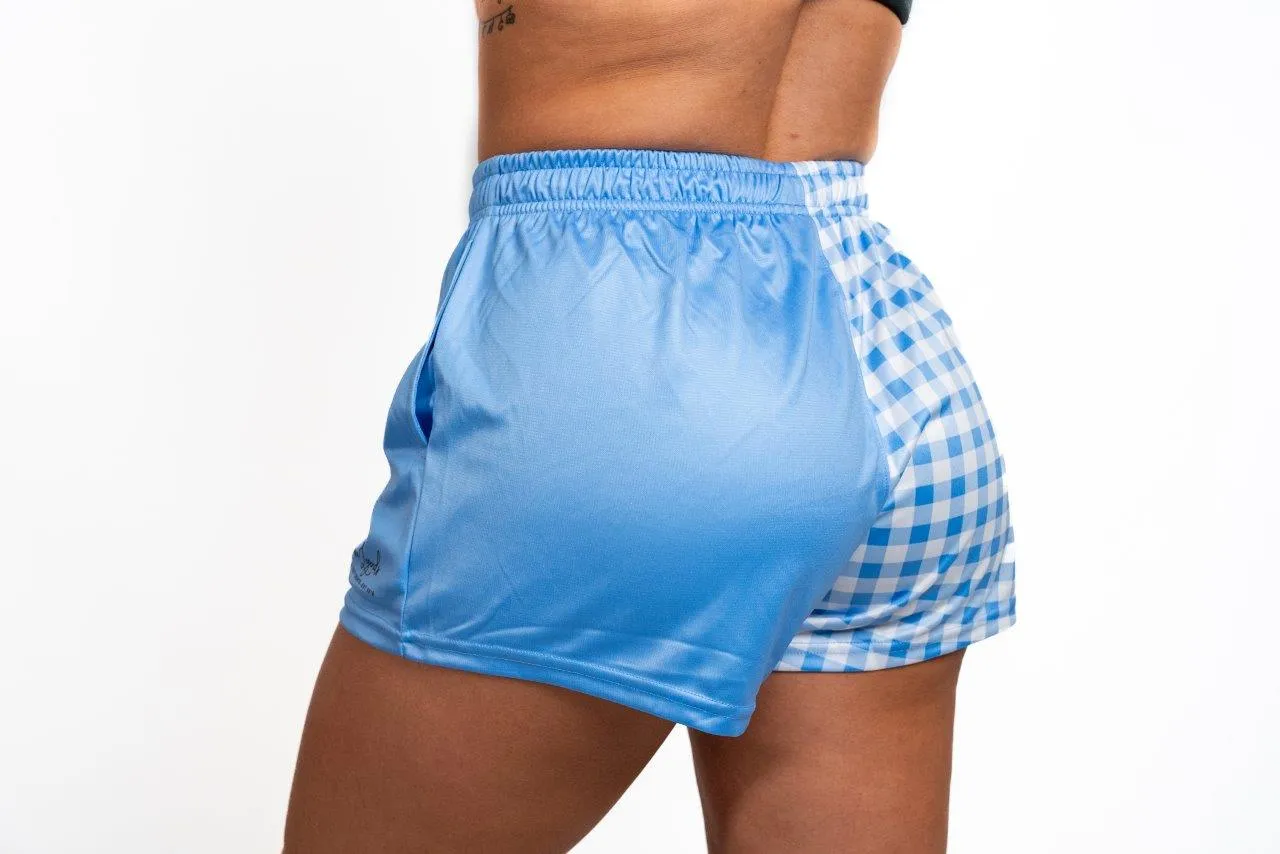 Blue & White Gingham Footy Shorts (With Pockets)