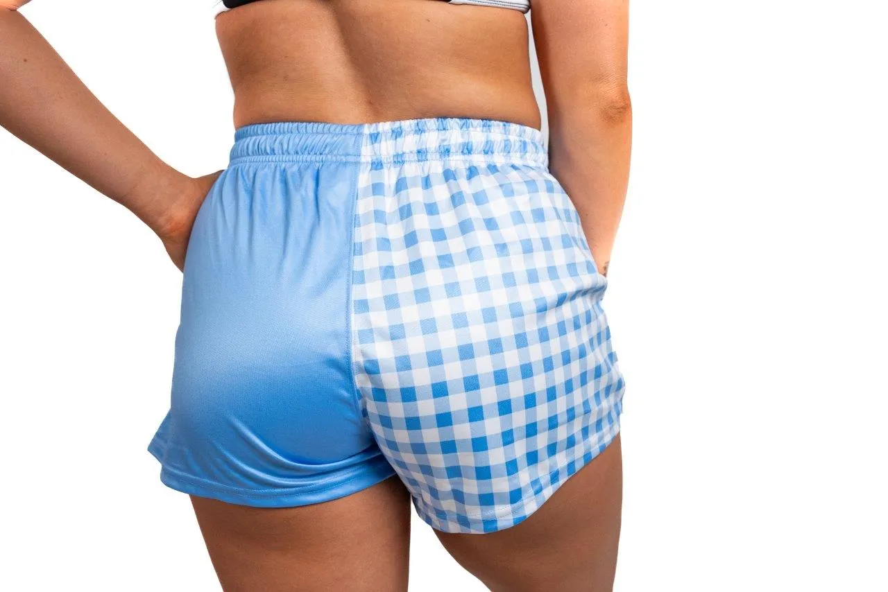 Blue & White Gingham Footy Shorts (With Pockets)