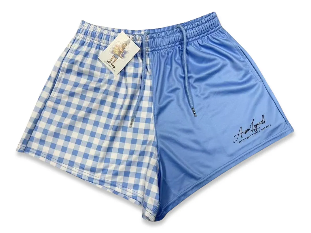 Blue & White Gingham Footy Shorts (With Pockets)