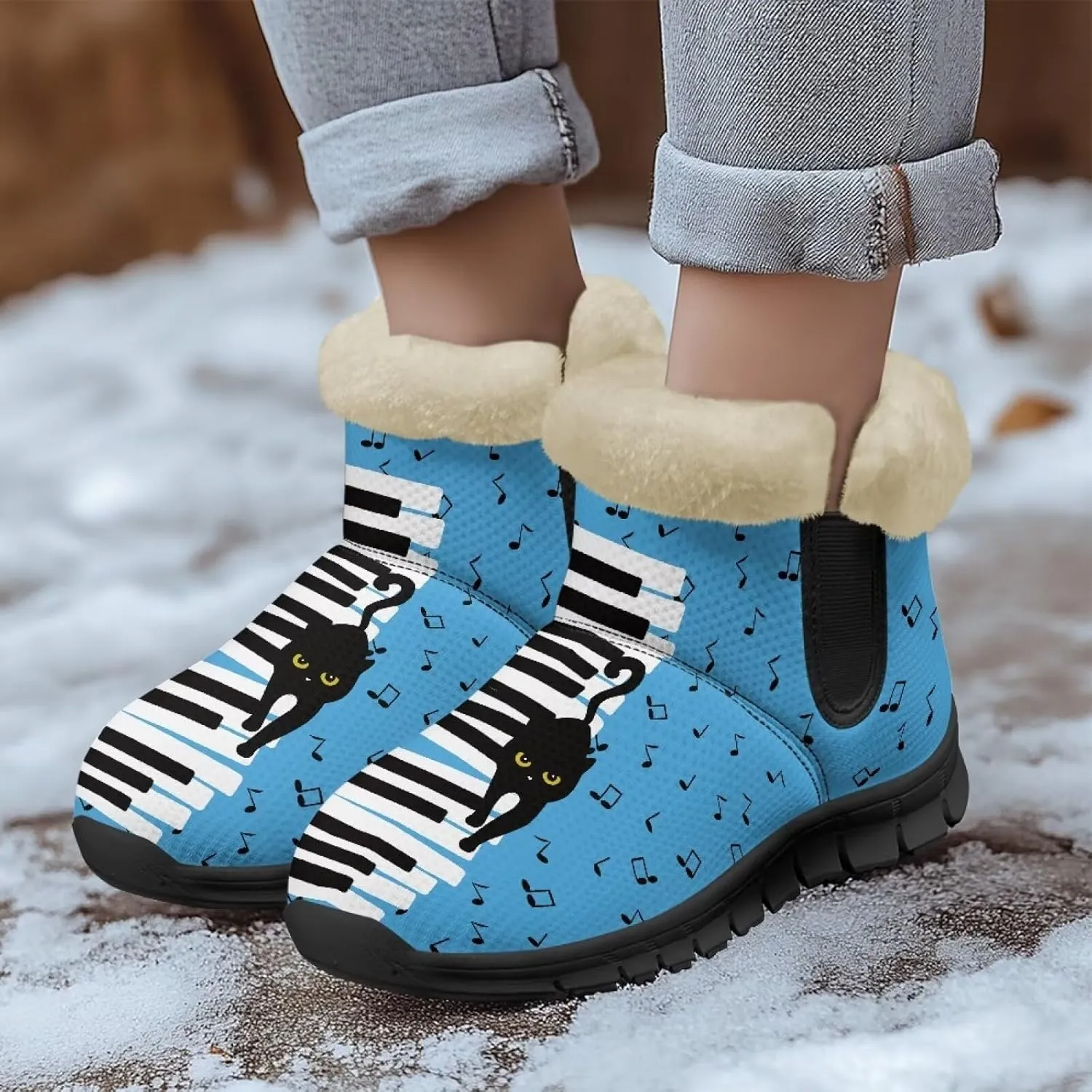 Blue Snow Boots for Women Fuzzy Ankle Booties Hiking Boots Non Slip Warm Casual Walking Boots