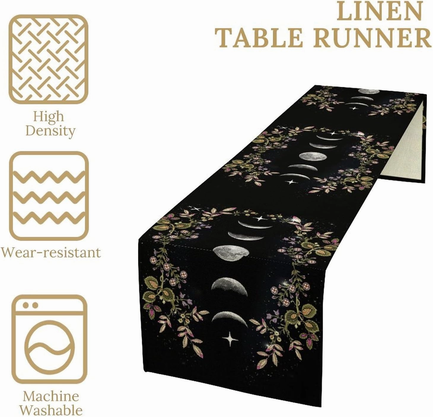 Boho Floral Moon Table Runner, Cotton Linen Non-Slip Dining Table Runners Black Flower Wildflower Moon Decor, Dresser Scarves for Coffee Table Wedding Holiday Party Tabletop Kitchen Decor 13x60Inch