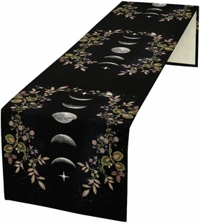 Boho Floral Moon Table Runner, Cotton Linen Non-Slip Dining Table Runners Black Flower Wildflower Moon Decor, Dresser Scarves for Coffee Table Wedding Holiday Party Tabletop Kitchen Decor 13x60Inch