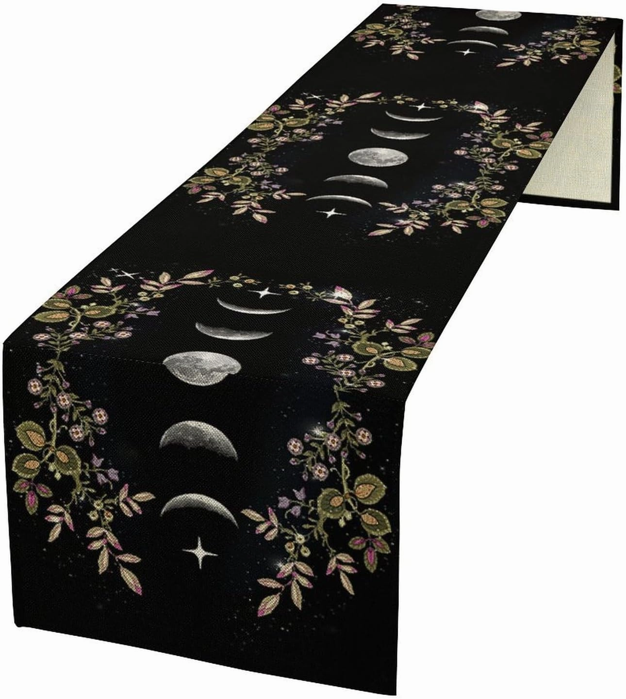 Boho Floral Moon Table Runner, Cotton Linen Non-Slip Dining Table Runners Black Flower Wildflower Moon Decor, Dresser Scarves for Coffee Table Wedding Holiday Party Tabletop Kitchen Decor 13x60Inch
