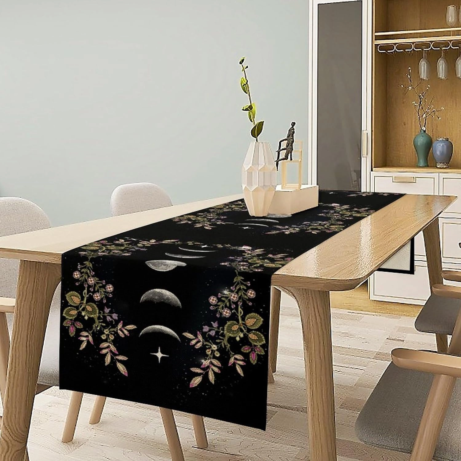 Boho Floral Moon Table Runner, Cotton Linen Non-Slip Dining Table Runners Black Flower Wildflower Moon Decor, Dresser Scarves for Coffee Table Wedding Holiday Party Tabletop Kitchen Decor 13x60Inch
