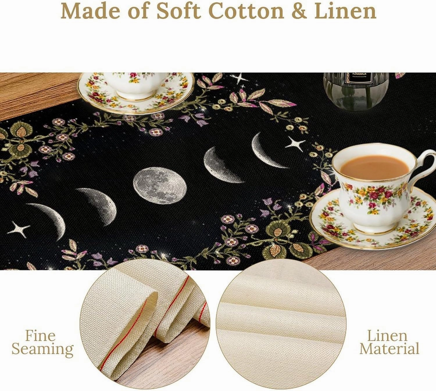 Boho Floral Moon Table Runner, Cotton Linen Non-Slip Dining Table Runners Black Flower Wildflower Moon Decor, Dresser Scarves for Coffee Table Wedding Holiday Party Tabletop Kitchen Decor 13x60Inch