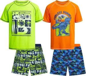 Boys Rash Guard Swimsuit Set – 4-Piece Kids Short Sleeve Bathing Suit Swimwear Sets (Sizes: 5-12)